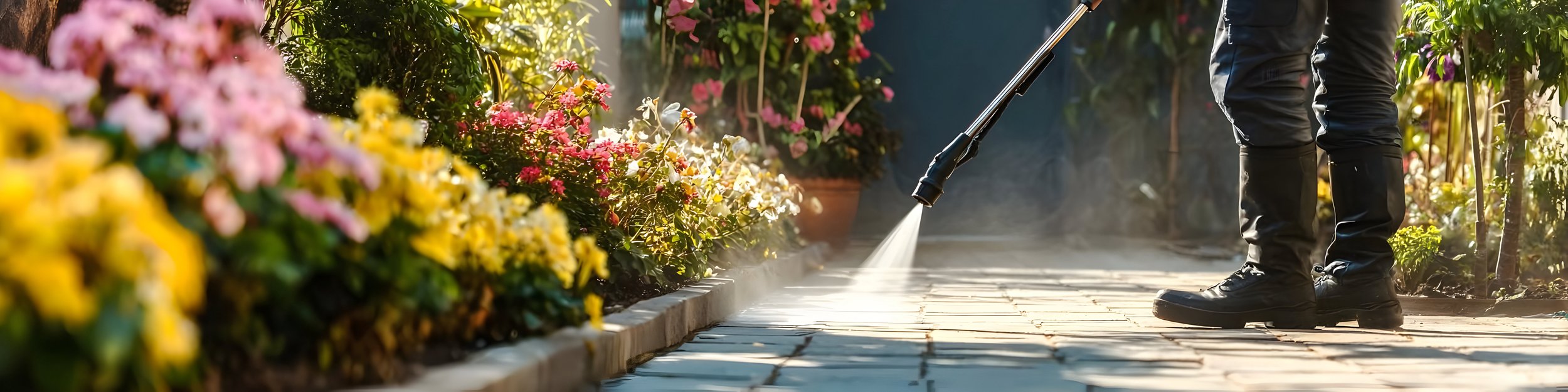 Person pressure washing along a garden pathway