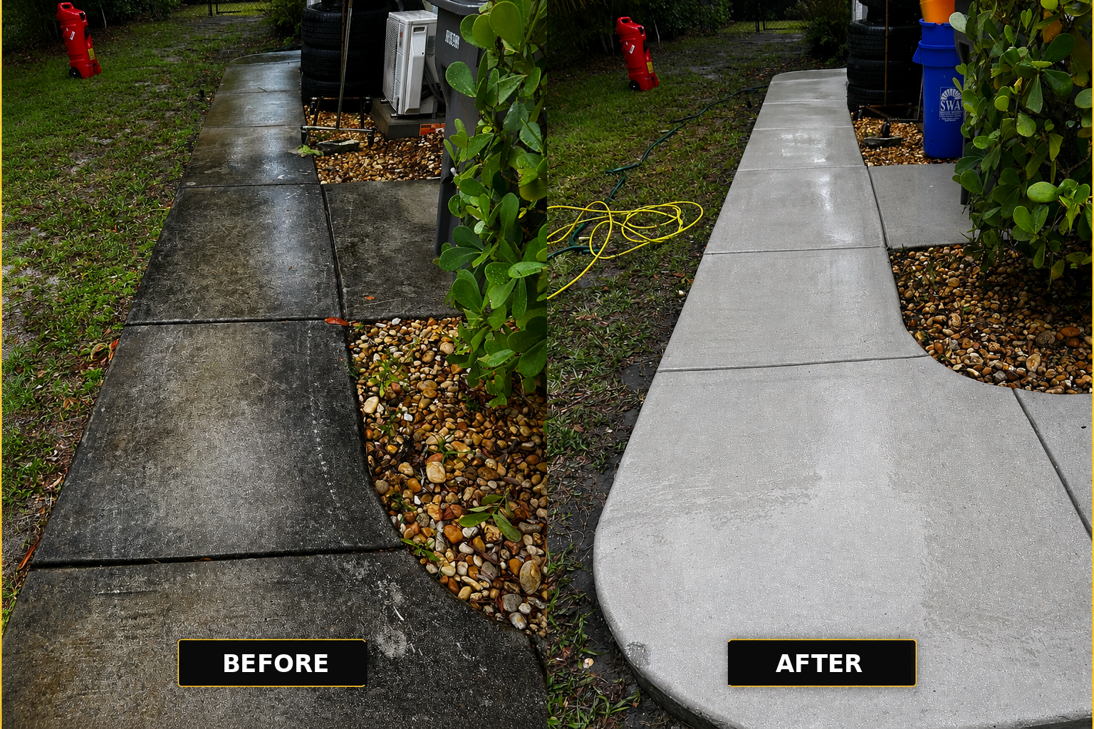 Side-by-side comparison of a sidewalk before and after cleaning and replacement. The left side shows a dirty, worn concrete sidewalk with stains and dark patches. The right side shows a clean, freshly poured light gray concrete sidewalk with a smooth surface. There is a small landscaped area with pebbles and a shrub between the sidewalk and what appears to be a house or building. In the background, there are garden tools, a yellow extension cord, and some equipment.