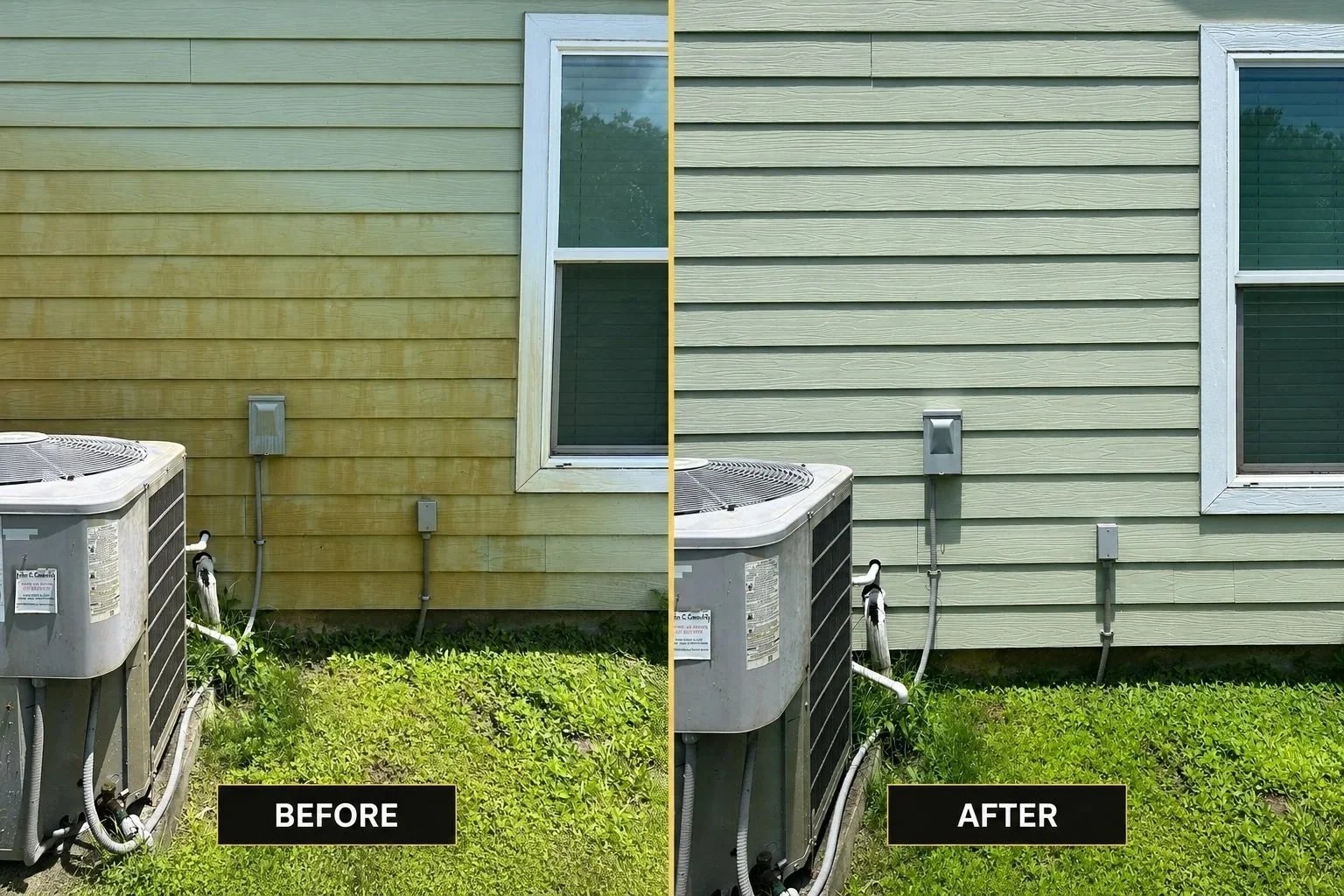 Comparison photo showing the same house exterior with different siding colors: yellow siding on the left side labeled 'Before' and light green siding on the right side labeled 'After.'