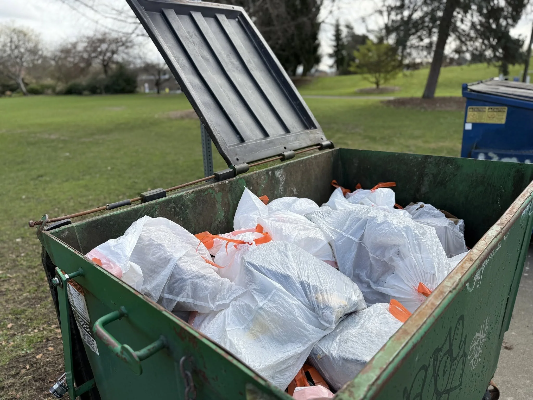 Open green trash bin with white plastic bags inside, outdoors in a park with grass, trees, and other trash bins in the background.