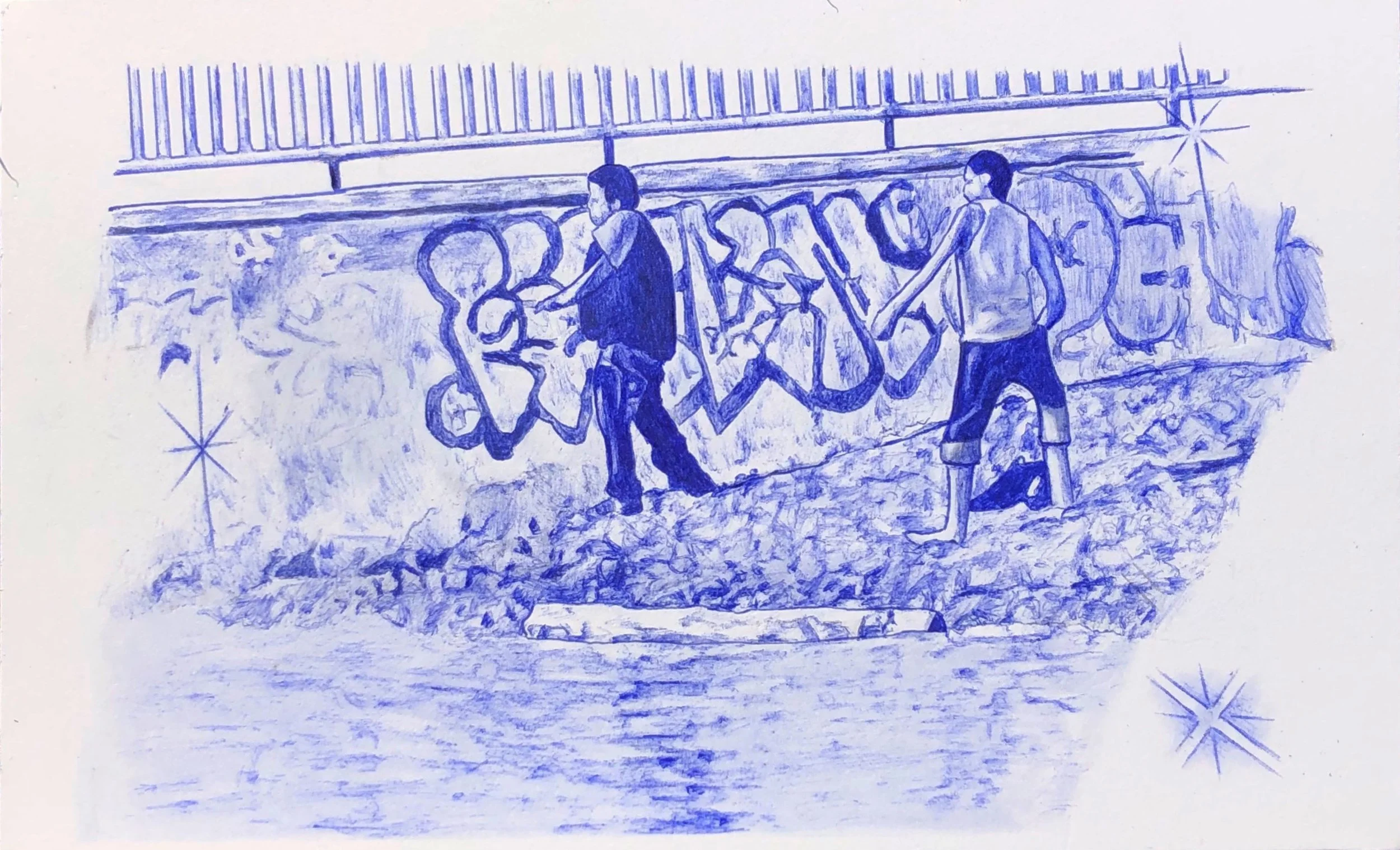 Foos Skipping Rocks, 2020, ballpoint pen on paper, 8 x 5 inches