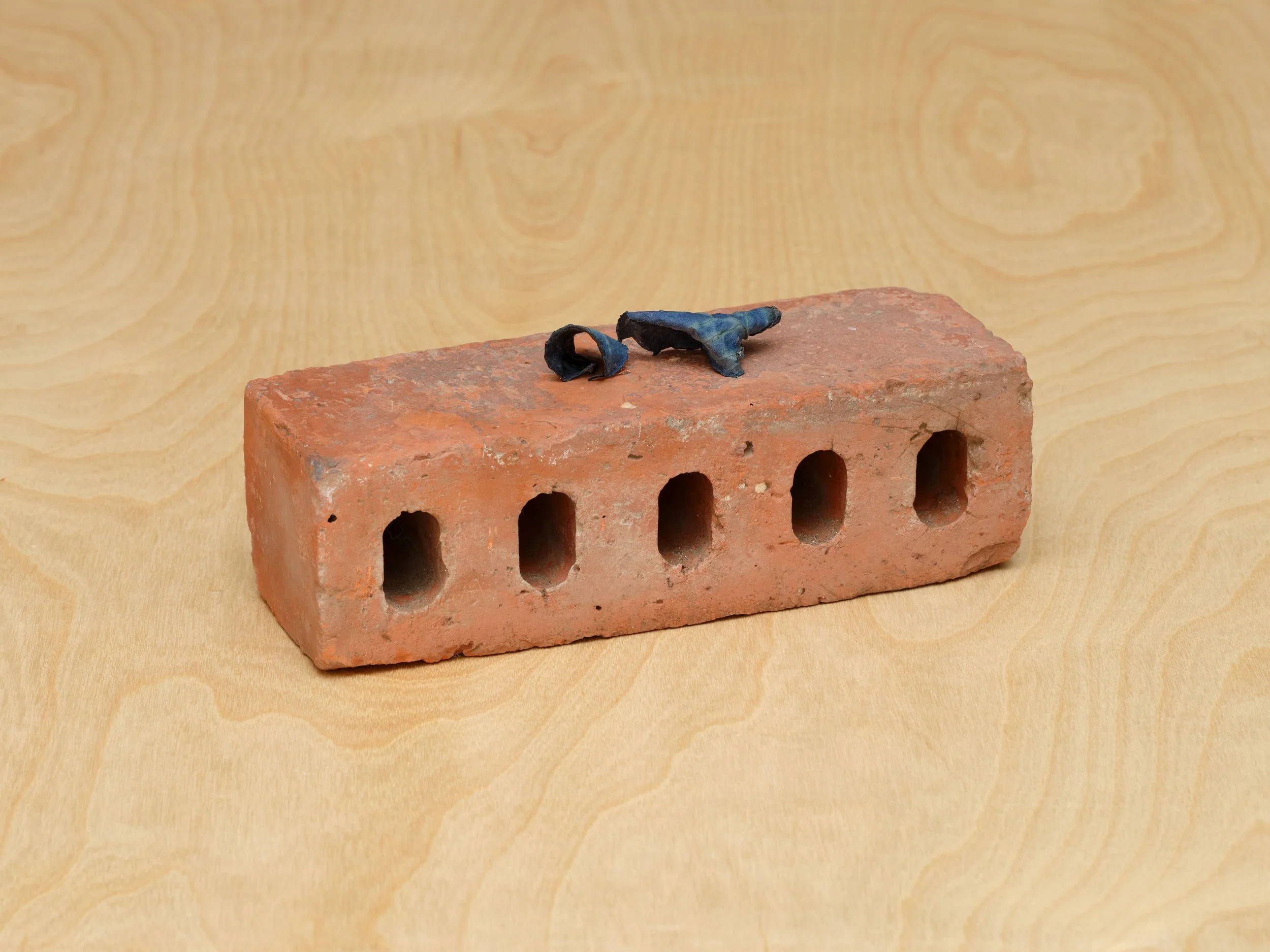 Untitled, 2025, naturally dyed rose leaves on brick, 10.25 x 3.5 x 4.25 inches. Exhibited in 'Entre Angeles y Huertas' at Wolfpack HQ (September 21 - October 19, 2025)