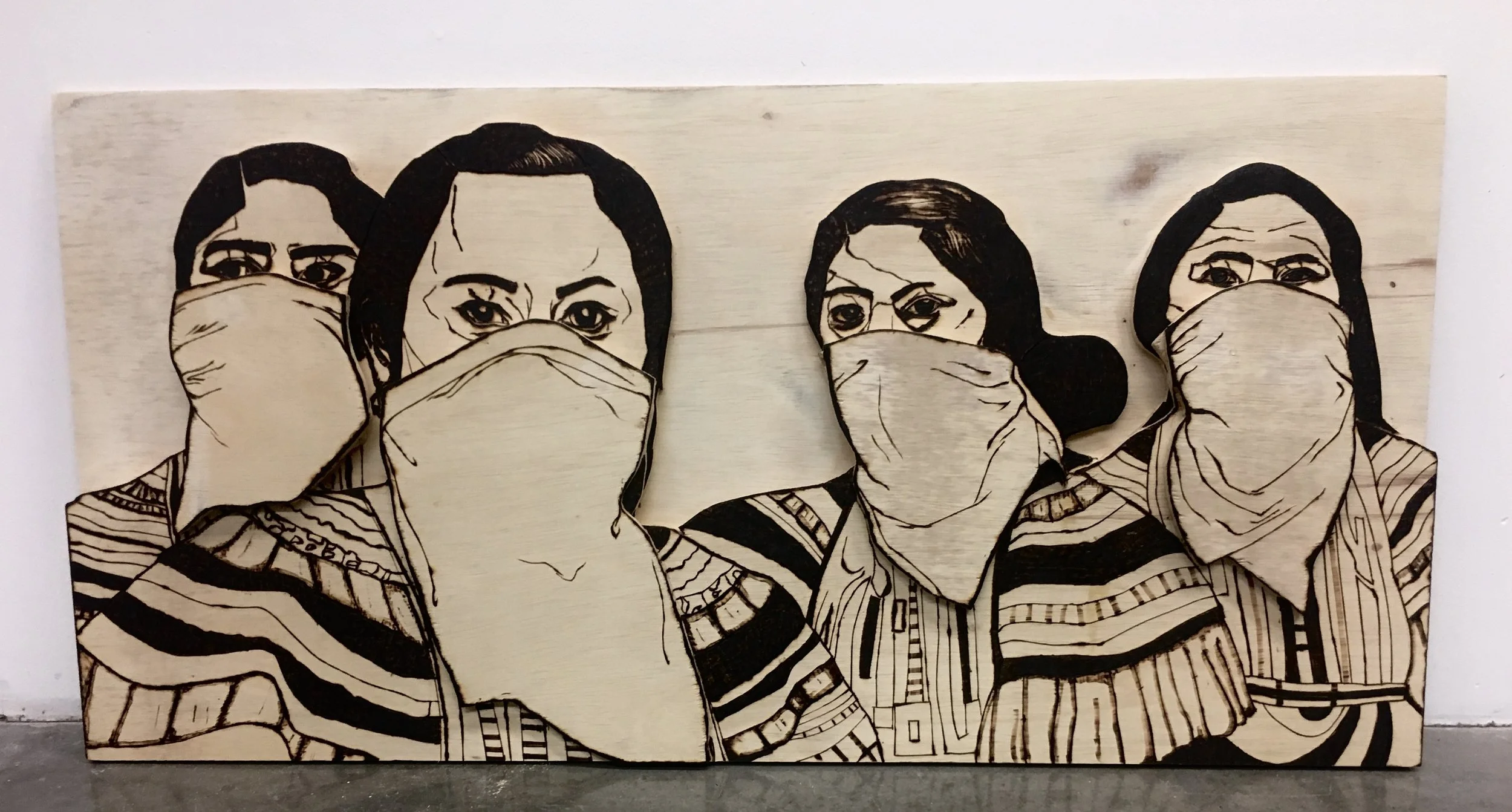 La Lucha Sigue, 2018, heat on wood panel, 48 x 24 inches