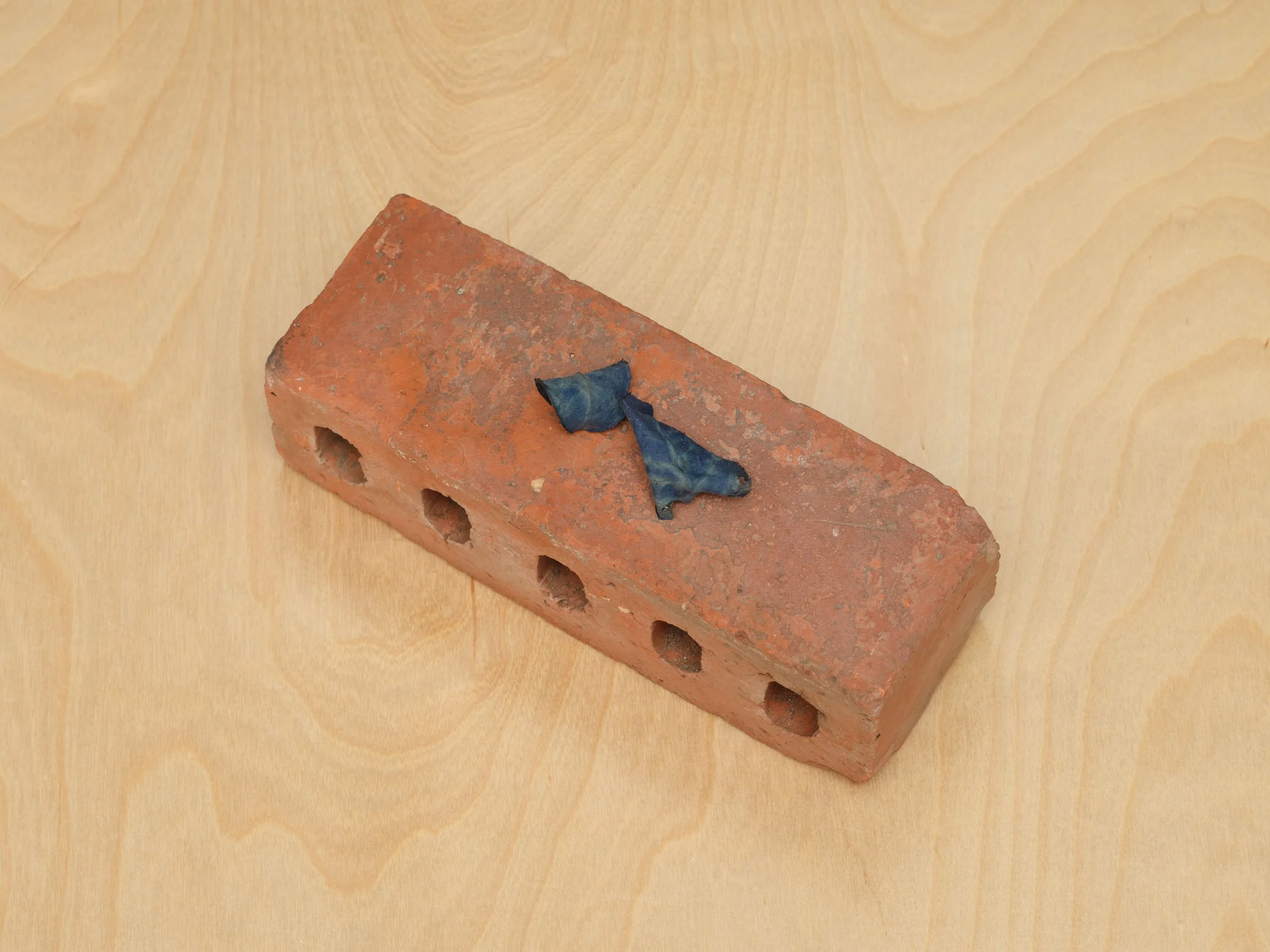 Untitled, 2025, naturally dyed rose leaves on brick, 10.25 x 3.5 x 4.25 inches. Exhibited in 'Entre Angeles y Huertas' at Wolfpack HQ (September 21 - October 19, 2025)