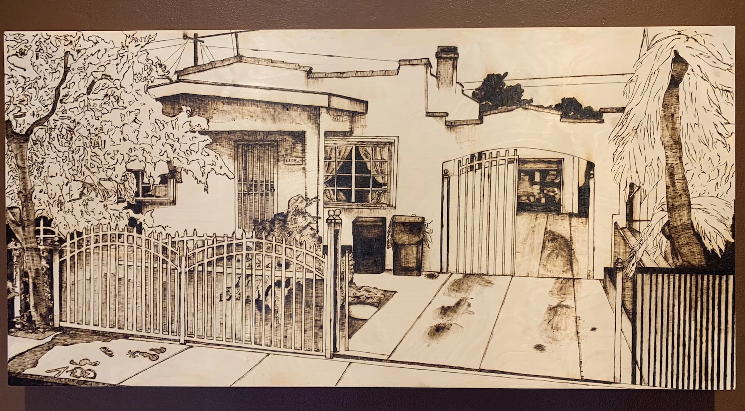 69th St., 2019, heat on wood panel, 48 x 32 inches. 