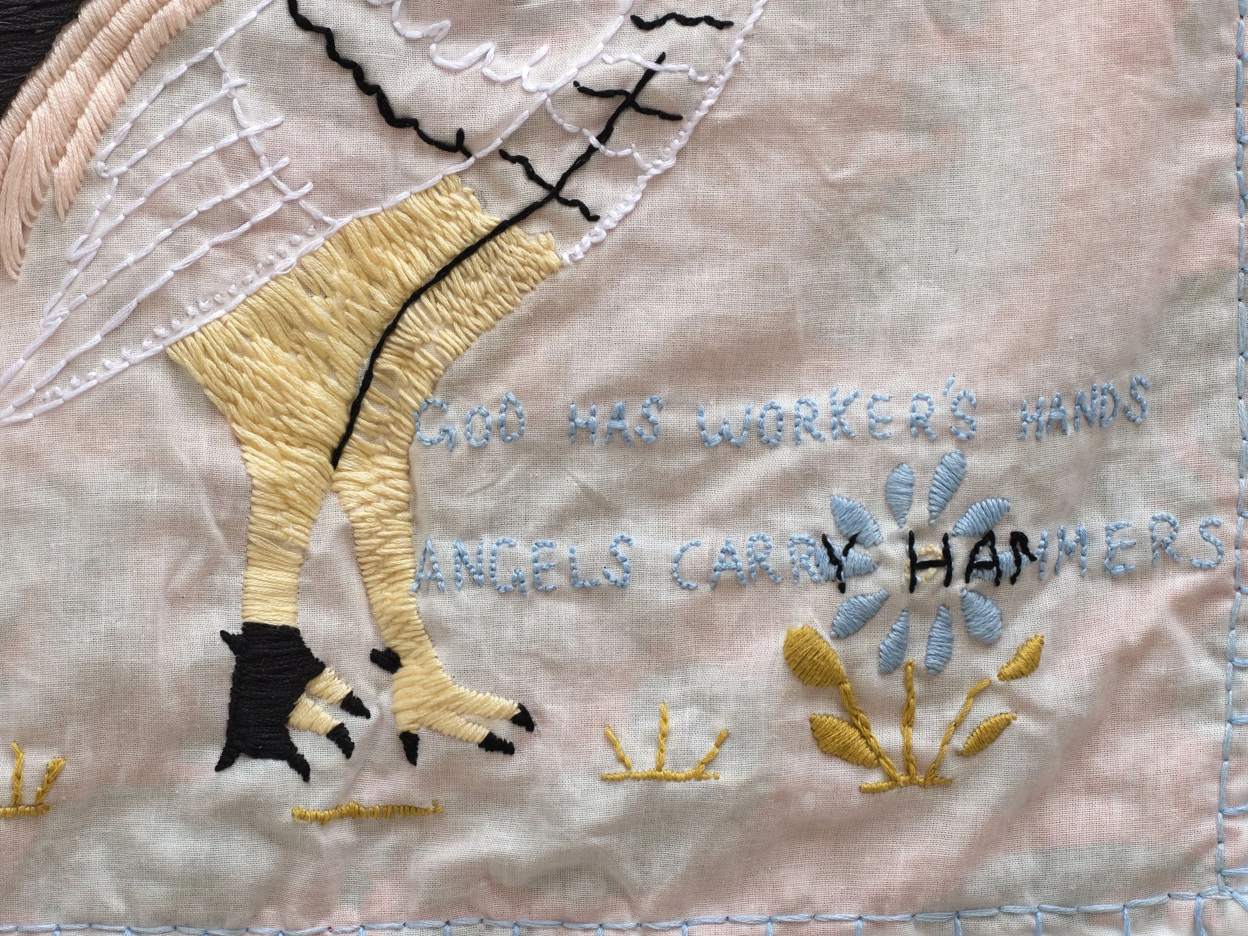 God has worker's hands/ Angels carry hammers, 2025, cotton embroidery on cotton fabric, 14 x 14 inches. Exhibited in 'Entre Angeles y Huertas' at Wolfpack HQ (September 21- October 19, 2025)