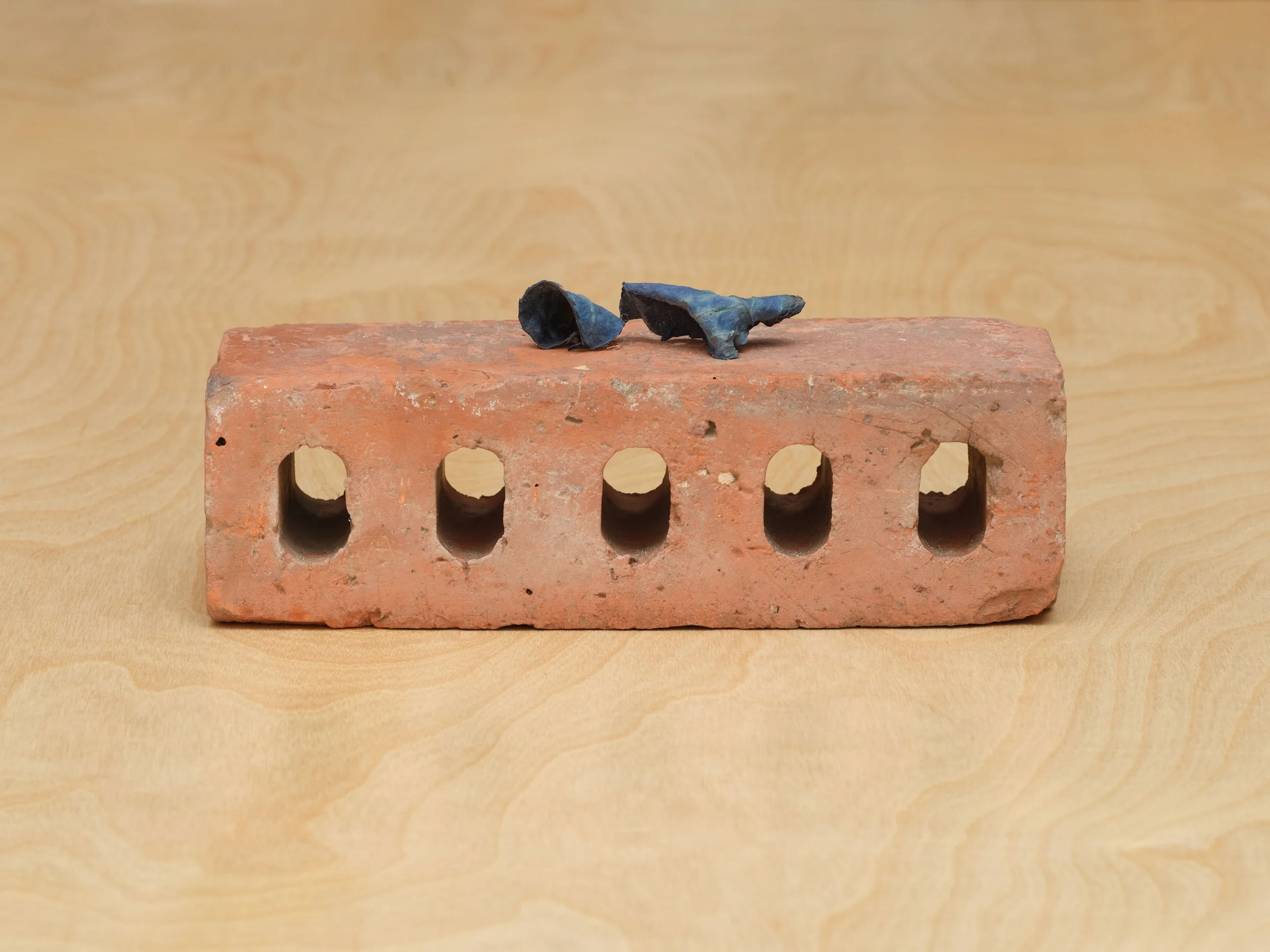 Untitled, 2025, naturally dyed rose leaves on brick, 10.25 x 3.5 x 4.25 inches. Exhibited in 'Entre Angeles y Huertas' at Wolfpack HQ (September 21 - October 19, 2025)