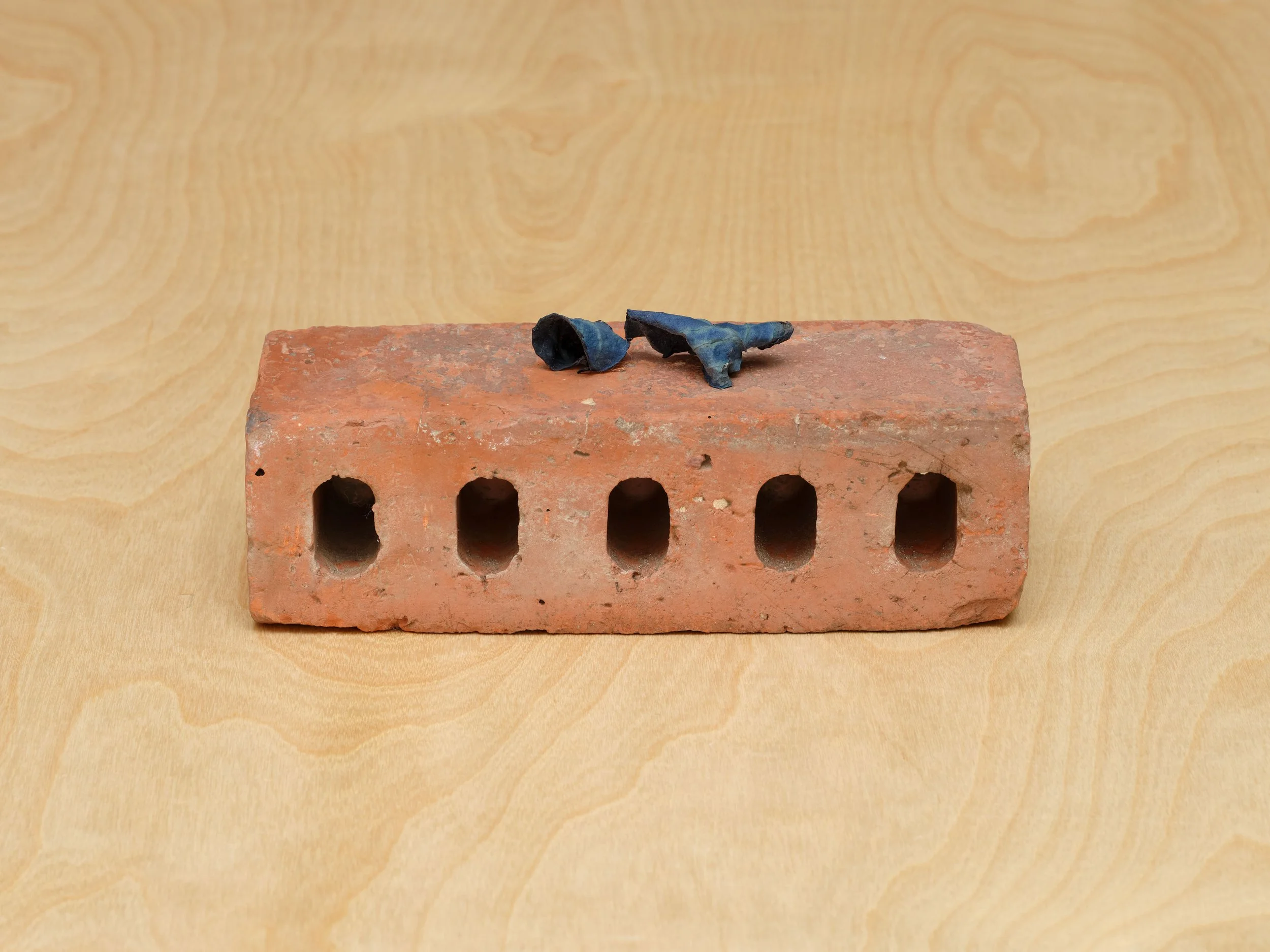 Untitled, 2025, naturally dyed rose leaves on brick, 10.25 x 3.5 x 4.25 inches. Exhibited in 'Entre Angeles y Huertas' at Wolfpack HQ (September 21 - October 19, 2025)
