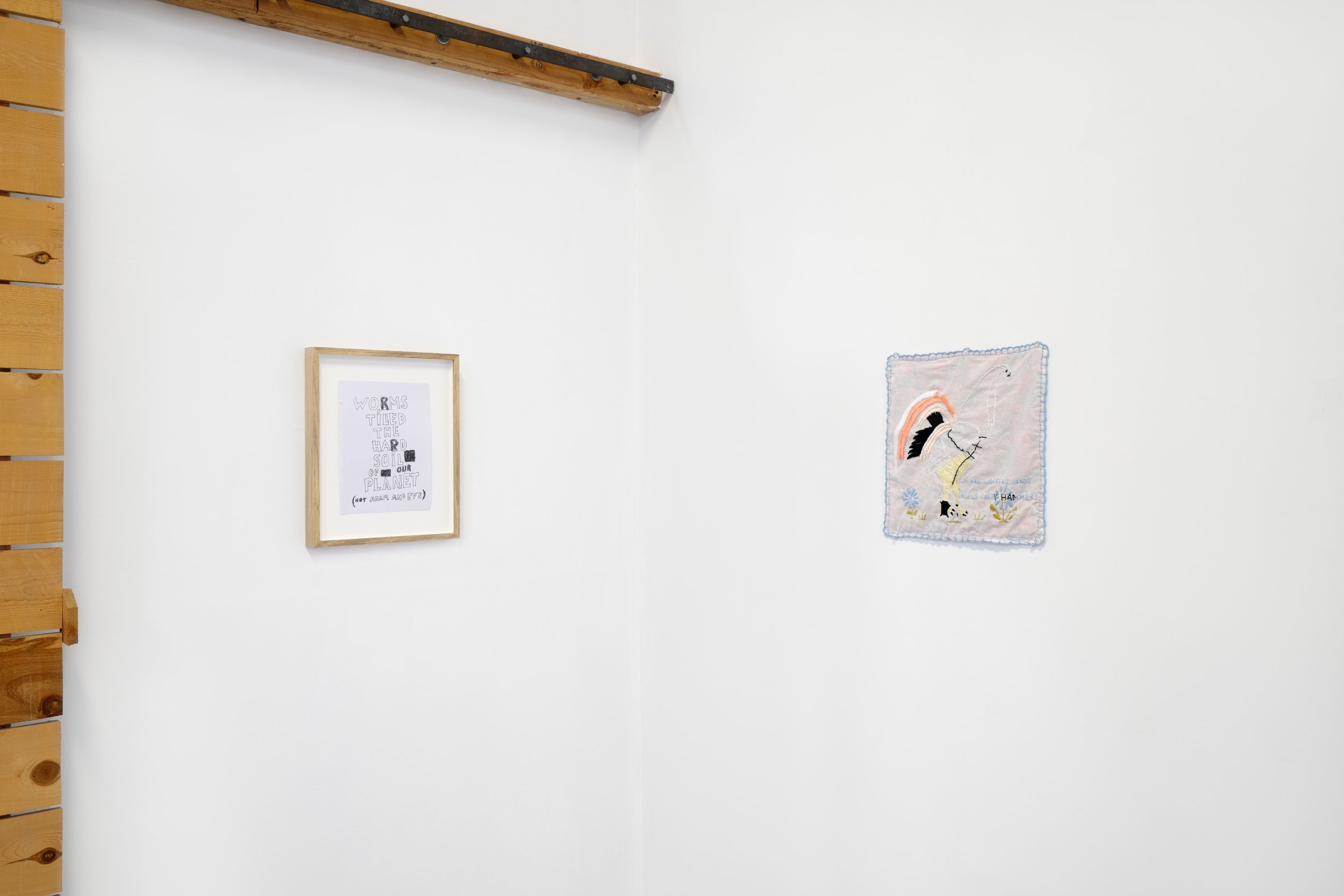 God has worker's hands/ Angels carry hammers, 2025, cotton embroidery on cotton fabric, 14 x 14 inches. Exhibited in 'Entre Angeles y Huertas' at Wolfpack HQ (September 21- October 19, 2025)