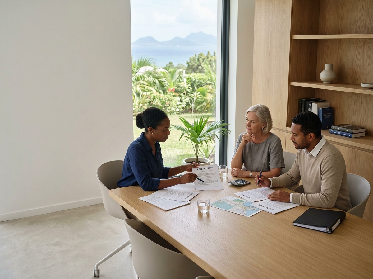 Réunion de travail sur un dossier de succession, avec documents et calculs, vue sur la mer