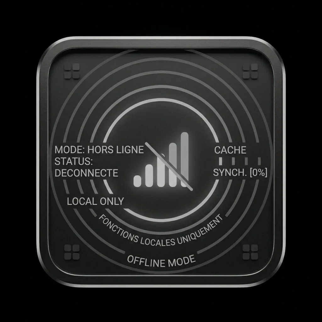 Interface graphique représentant un écran de mode hors ligne avec un signal Wi-Fi désactivé, indiquant 'DECONNECTE', avec des options pour le mode, le cache et la synchronisation, sur fond noir.