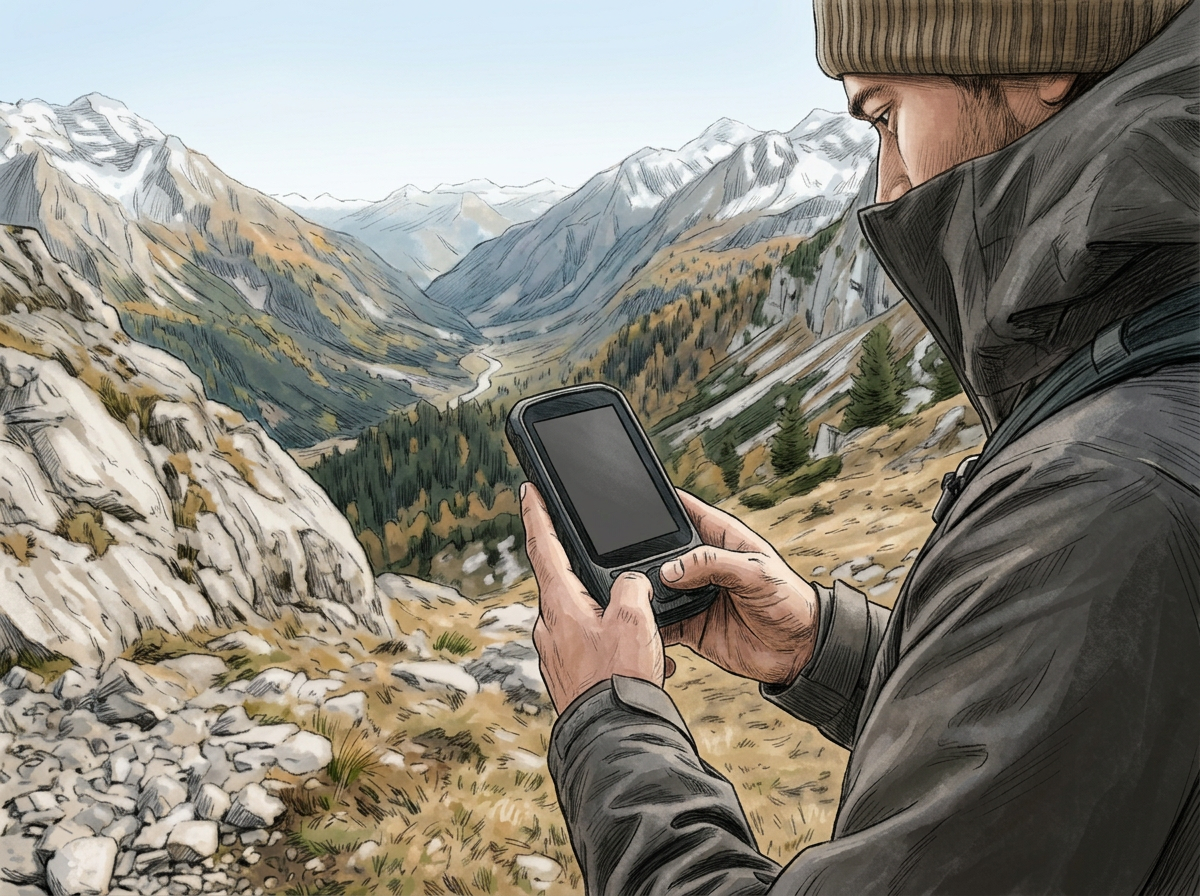 Homme en veste et bonnet regardant un téléphone portable dans un paysage de montagne avec vallée, montagnes enneigées, et forêt.