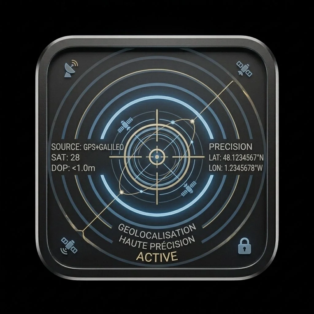 Interface de géolocalisation précise avec coordonnées GPS, satellites, signal, et verrouillage sécurisé.