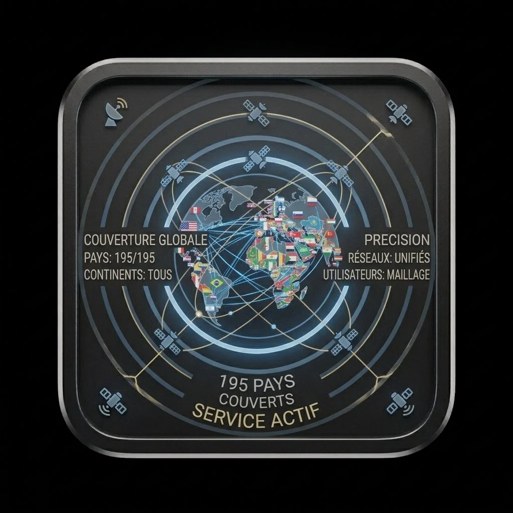 Une représentation graphique de la couverture mondiale des réseaux satellitaires, montrant les connexions entre différents pays et continents, avec des drapeaux. Le texte indique une couverture globale de 195 pays, des réseaux unifiés, et un service actif.