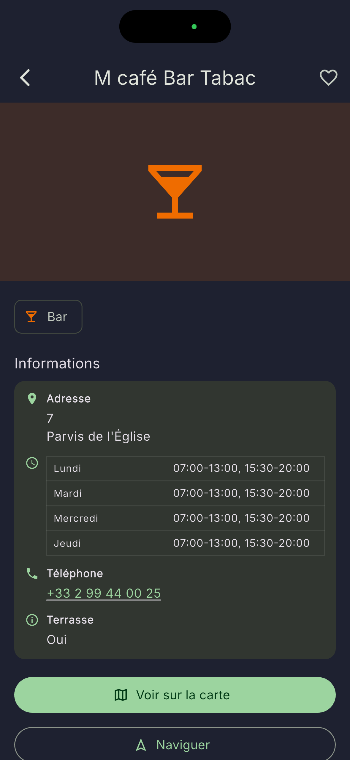 Capture d'écran d'une application de gestion d'informations pour un commer, affichant l'adresse, les horaires d'ouverture, un numéro de téléphone, une option pour voir sur la carte et naviguer.