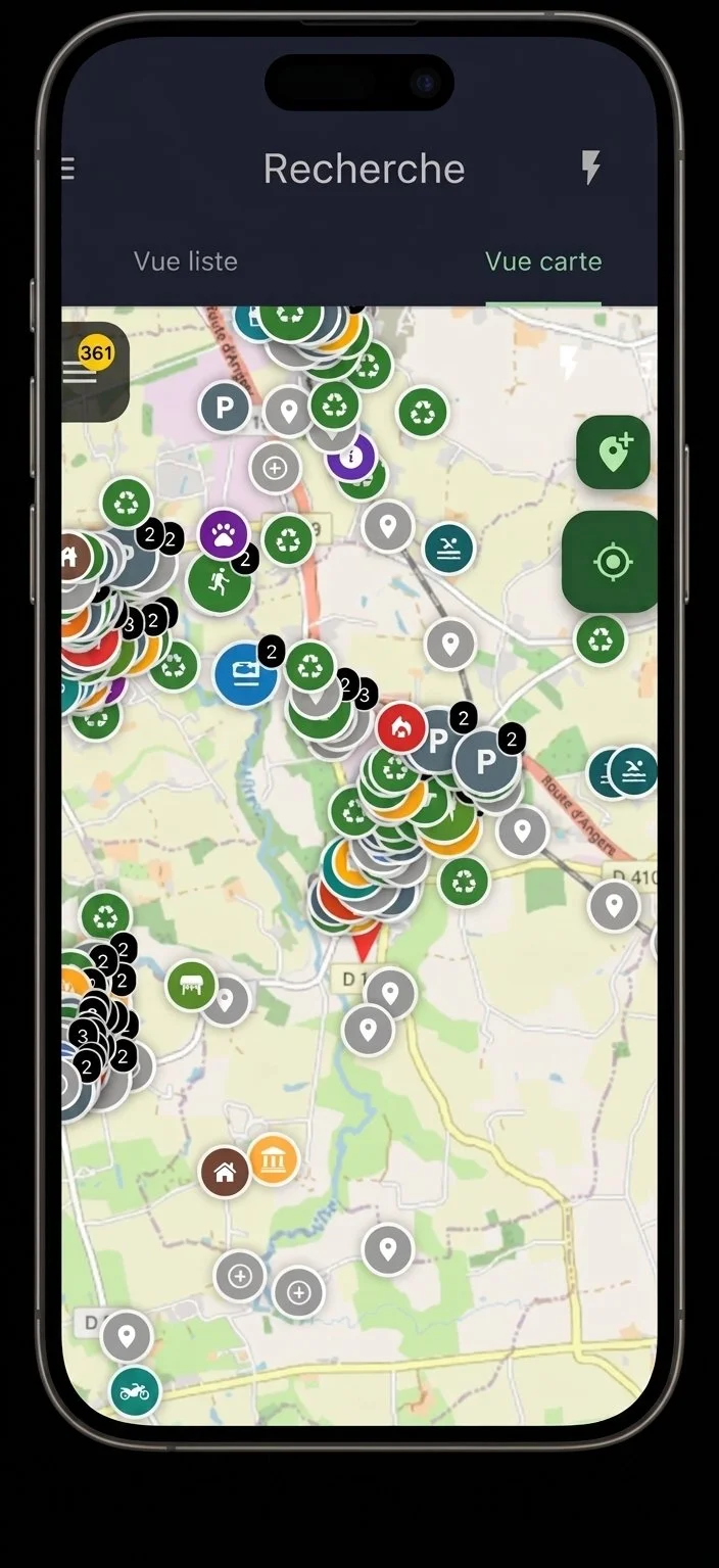 Capture d'écran d'une application de cartographie ou de localisation avec plusieurs icônes représentant différents lieux et services sur une carte, affichant une interface en français.