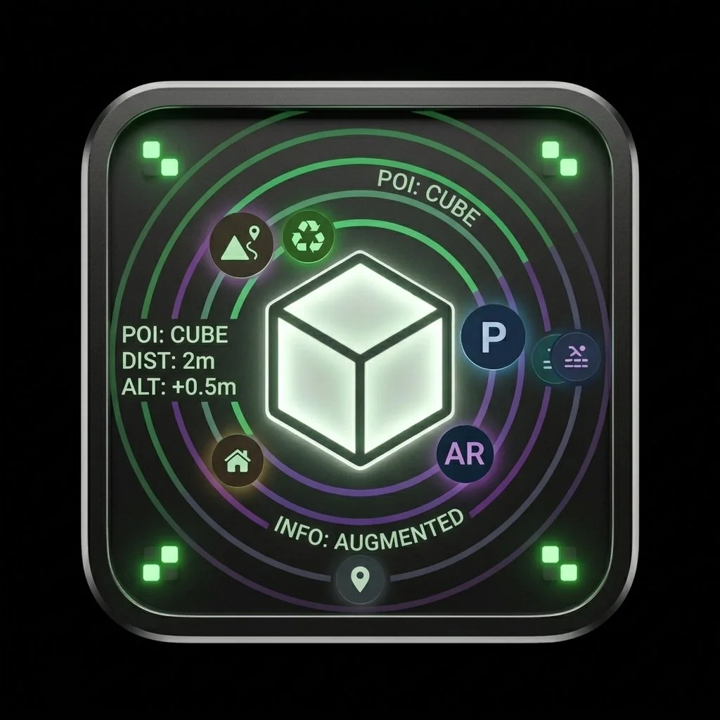 Interface numérique avec un cube lumineux au centre, indique position, distance, altitude, et des icônes pour recyclage, maison, parking, et réalité augmentée.