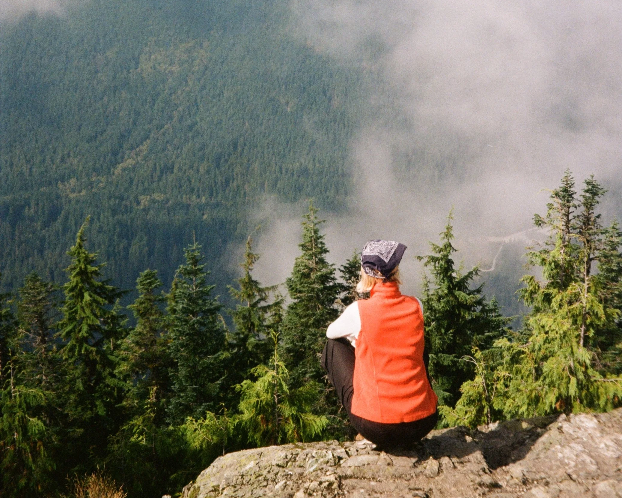 Back of a person with long hair, wearing an orange jacket and black pants, sitting and facing a foggy forested mountain landscape with pine trees and fog.