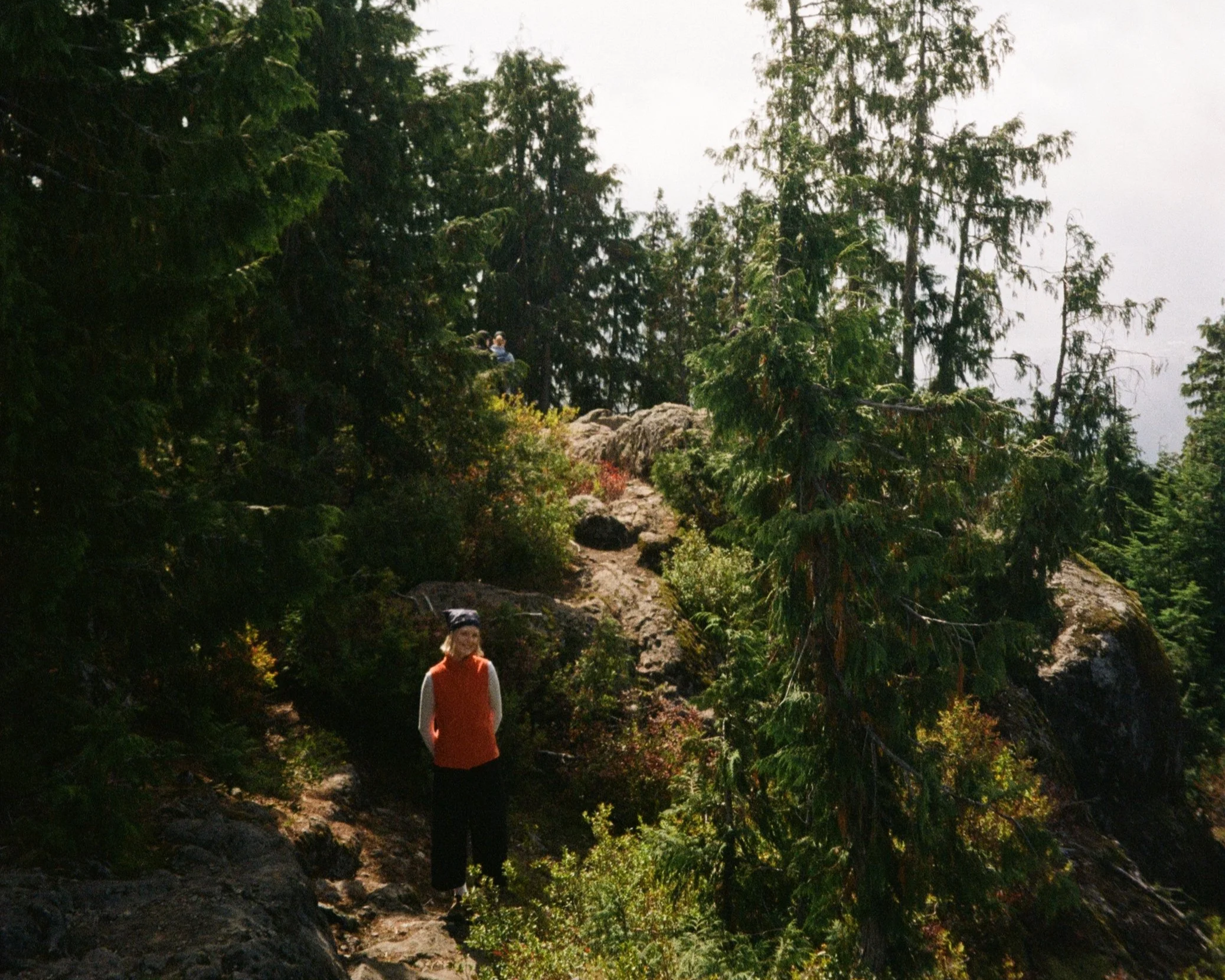 A person in an orange vest standing on a rocky trail surrounded by tall green trees in a forested area.
