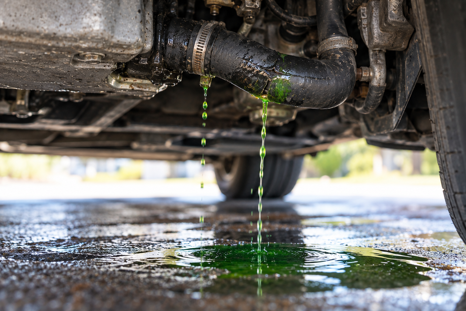 Oil leaking from a car's engine through a disconnected or damaged hose onto the ground.
