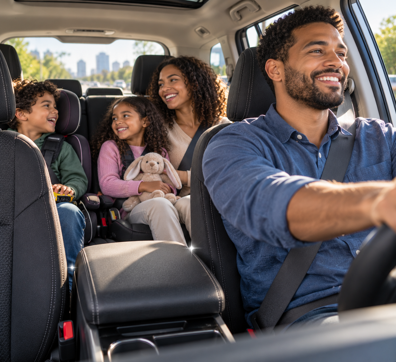 A happy family of four with two children and their father riding in a car on a sunny day, with trees and city buildings visible outside the window.