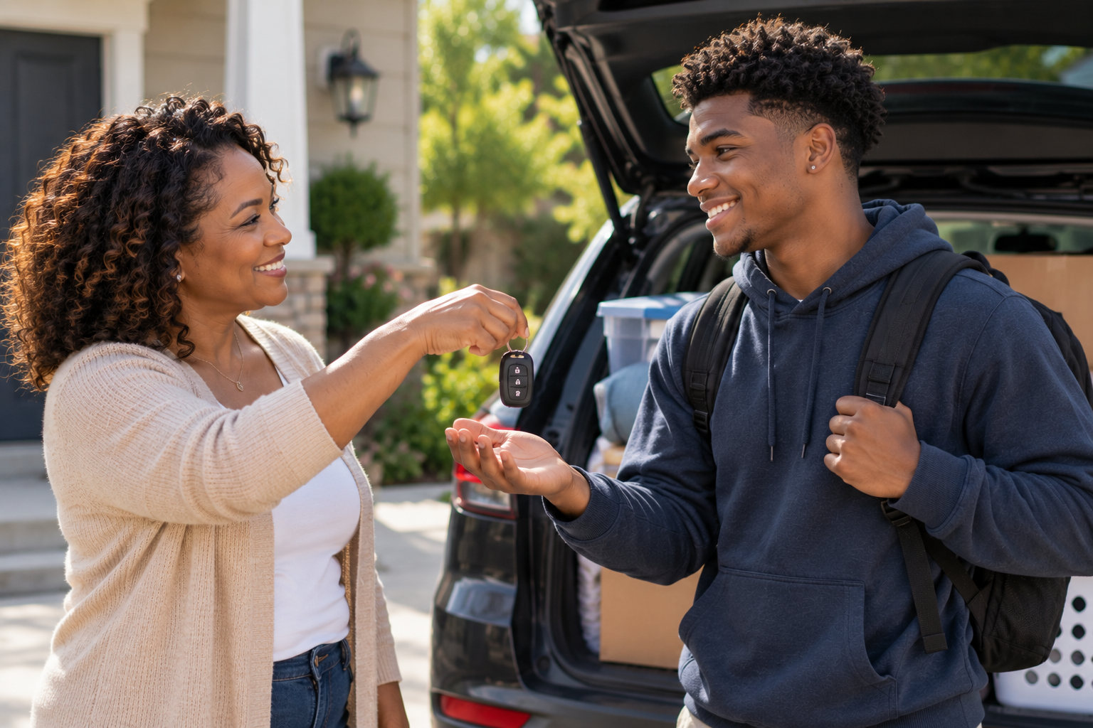 A woman hands a car key to a young man standing outside a house with a car filled with boxes in the trunk.