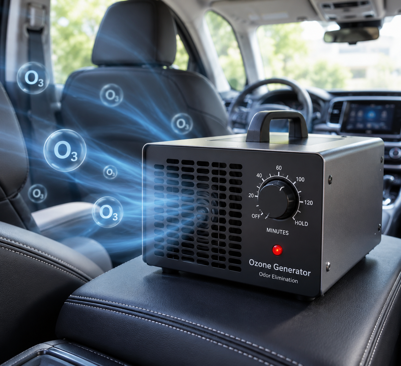 An ozone generator emitting ozone molecules inside a vehicle's interior.
