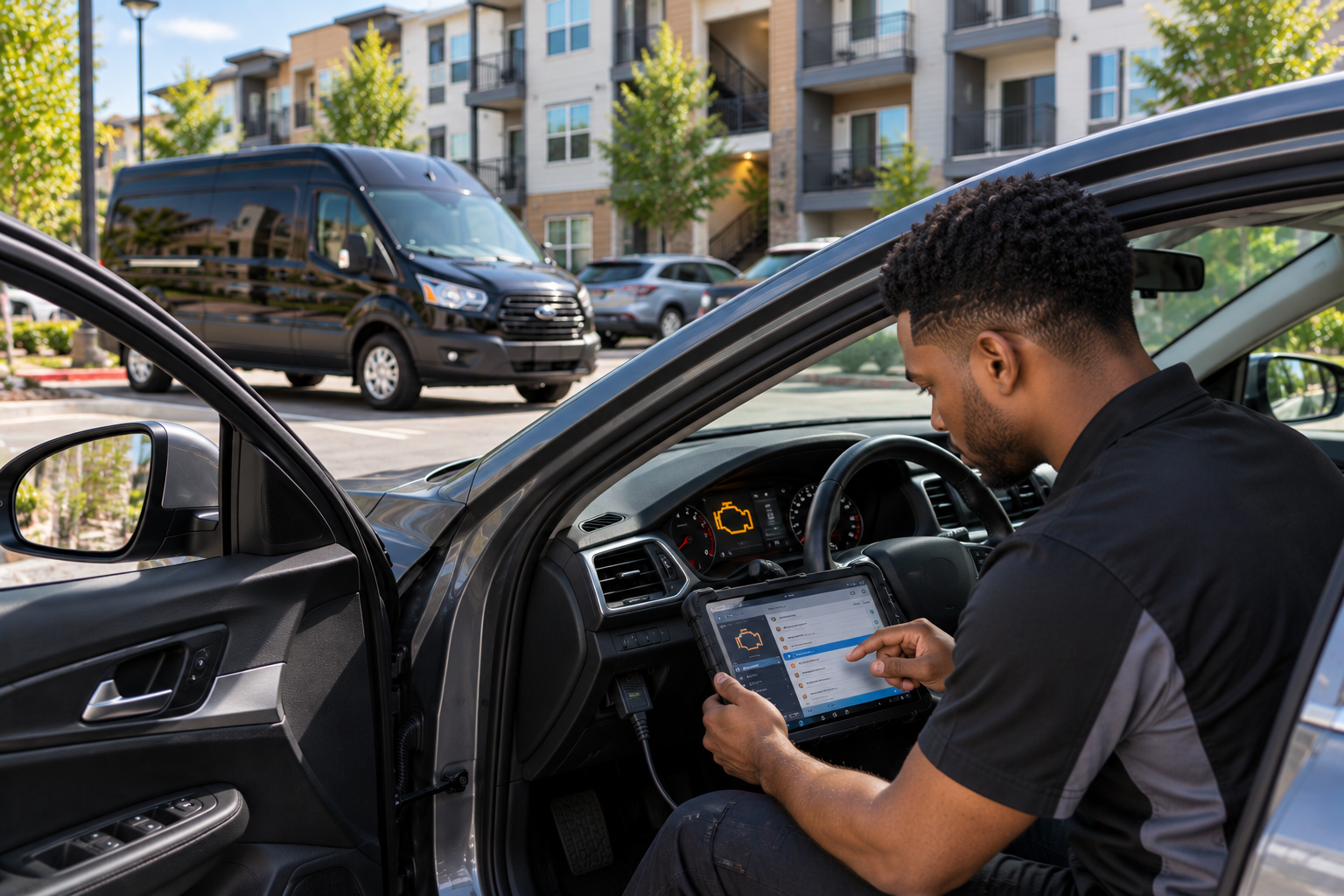 A man sitting inside a car, using a tablet to diagnose the check engine light on the car's dashboard, in a parking lot with apartment buildings and a black van in the background.