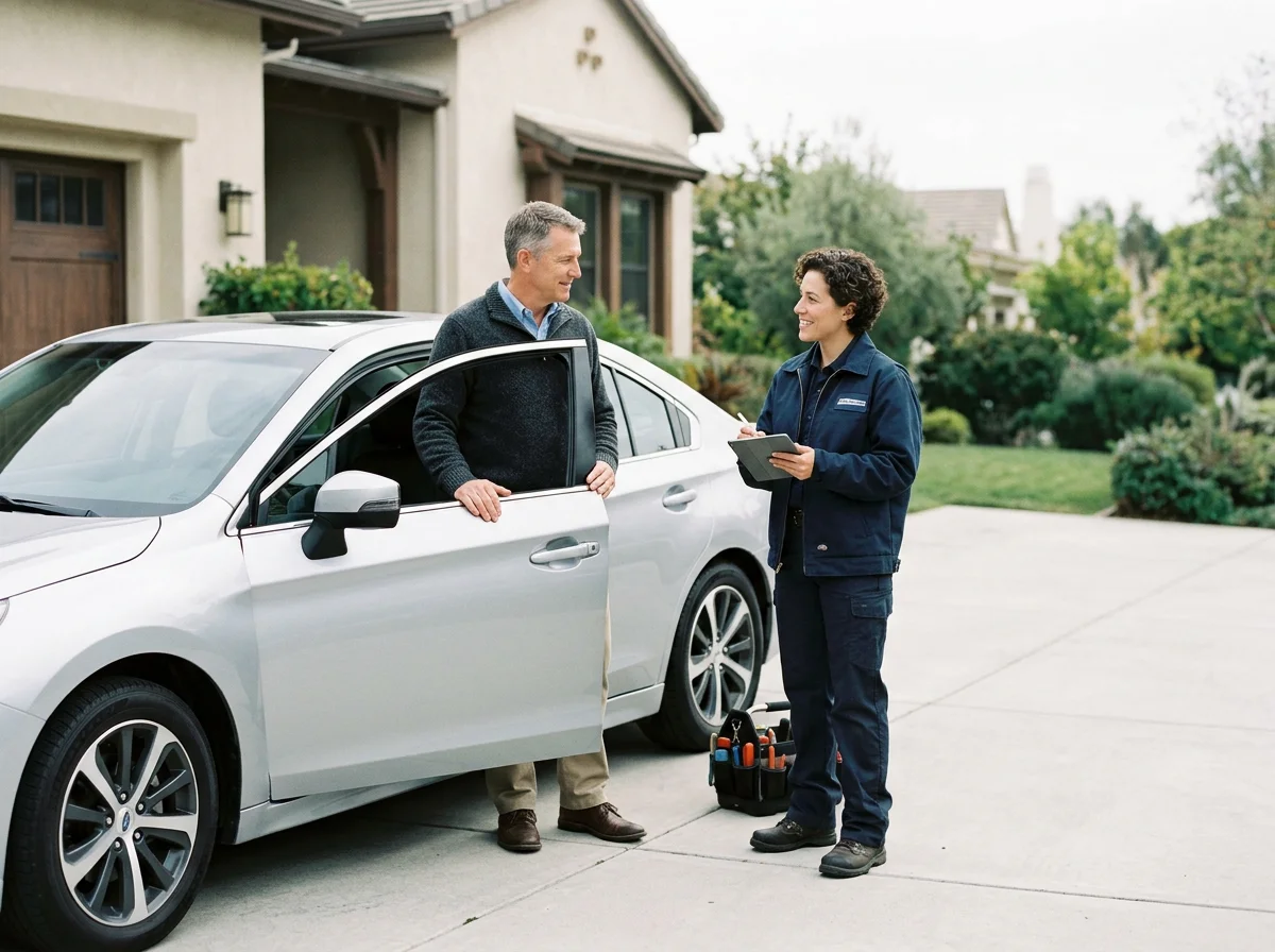 A man talking to a service technician next to a silver car in a driveway outside a house. The technician is holding a tablet and has a toolbox nearby.