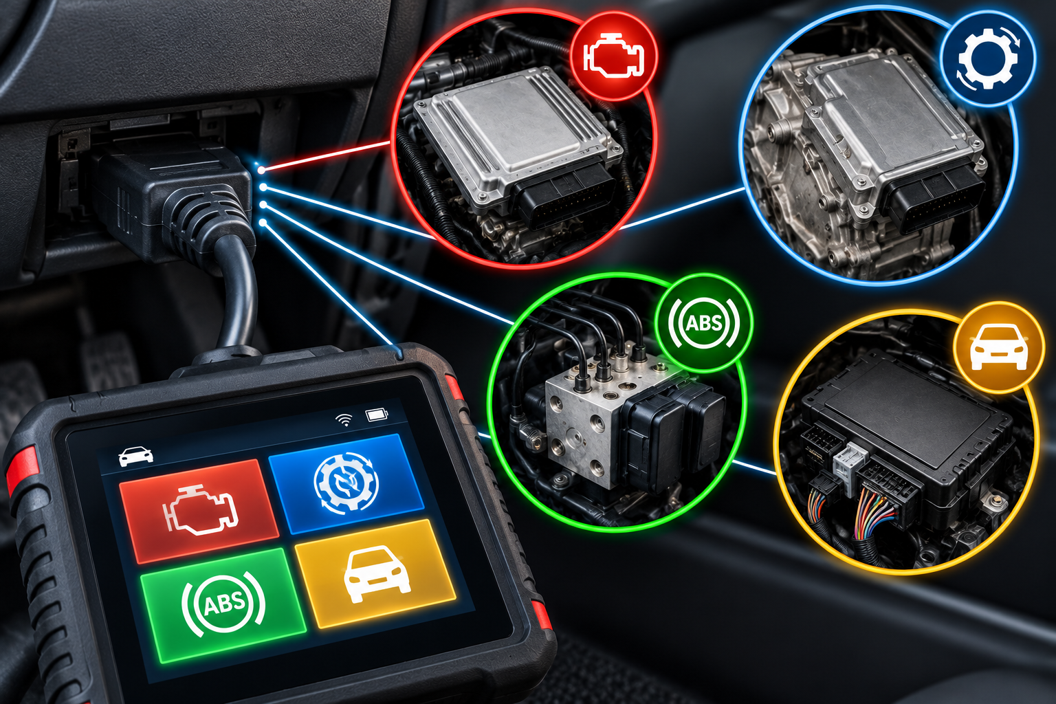 A diagnostic scan tool connected to a vehicle's electronic components, with icons and labels highlighting engine control unit, transmission control unit, ABS module, and other vehicle systems.