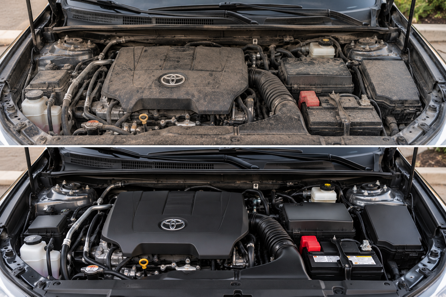 Comparison of a car engine before and after cleaning, showing the engine bay dirt and grime removal.