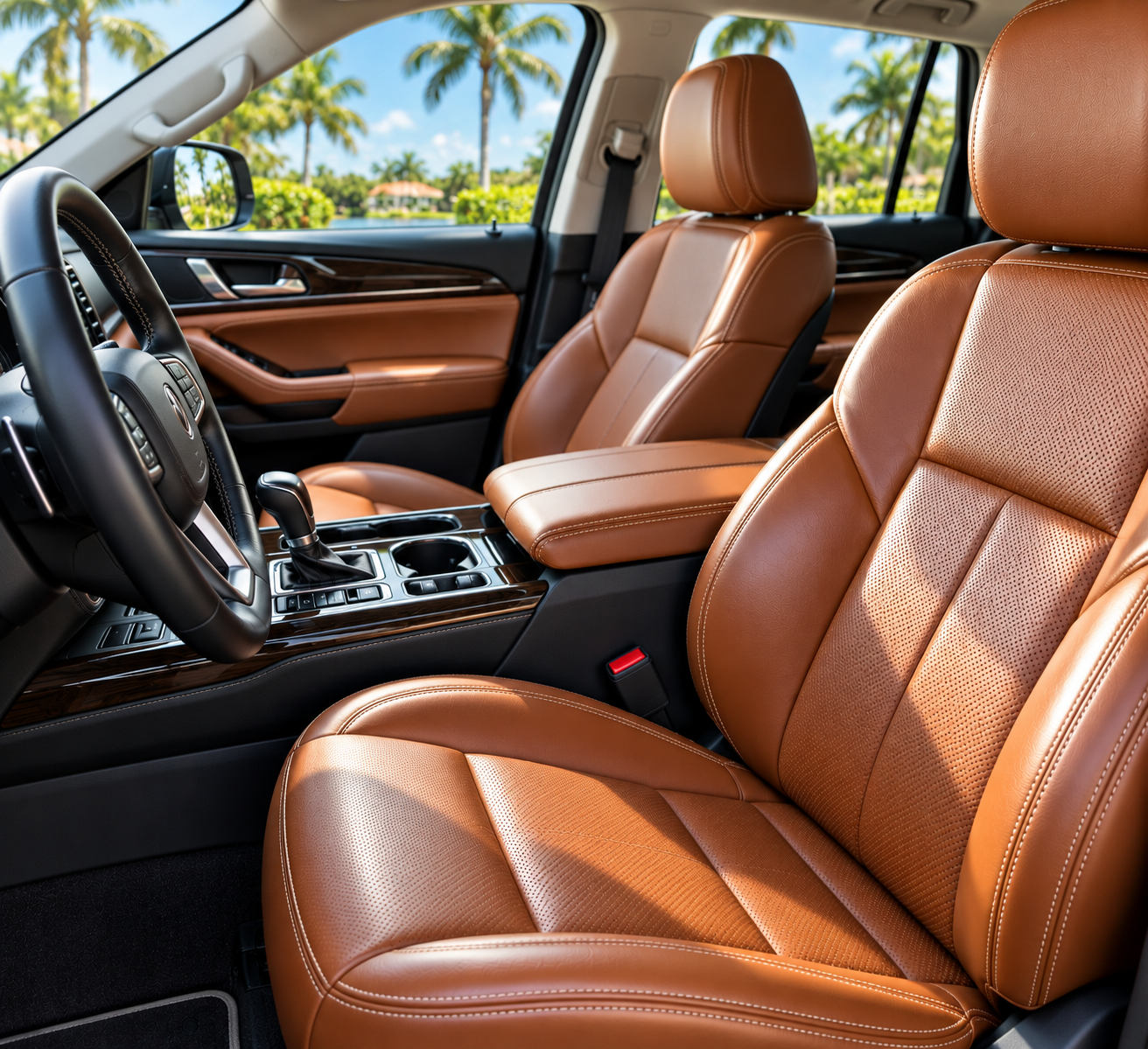 Interior of a car with tan leather seats, black steering wheel, and a center console with gear shift, cup holders, and control buttons. Outside view shows palm trees and a bright sky.