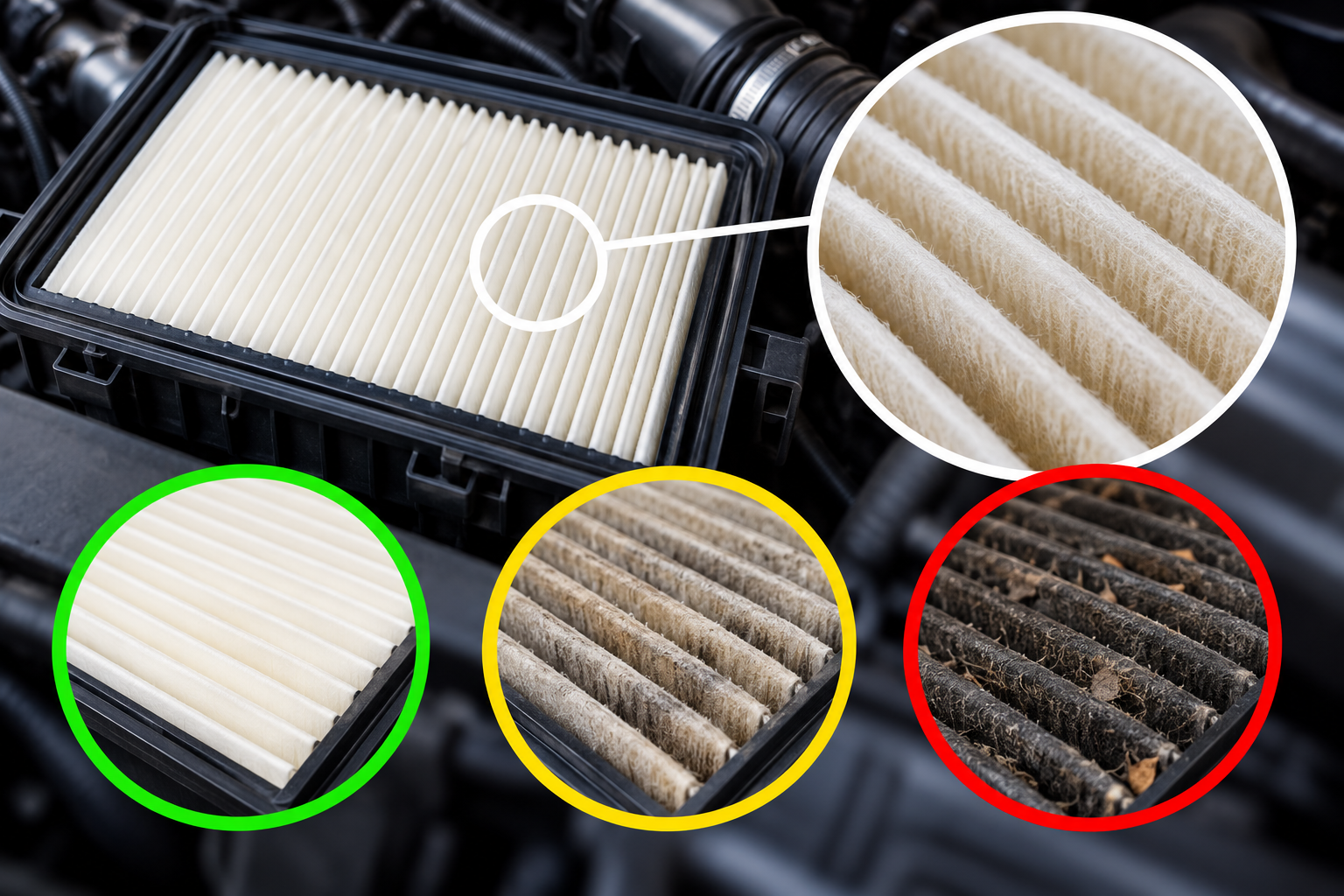 Car air filters with clean, dusty, and dirty filters highlighted with green, yellow, and red circles respectively.
