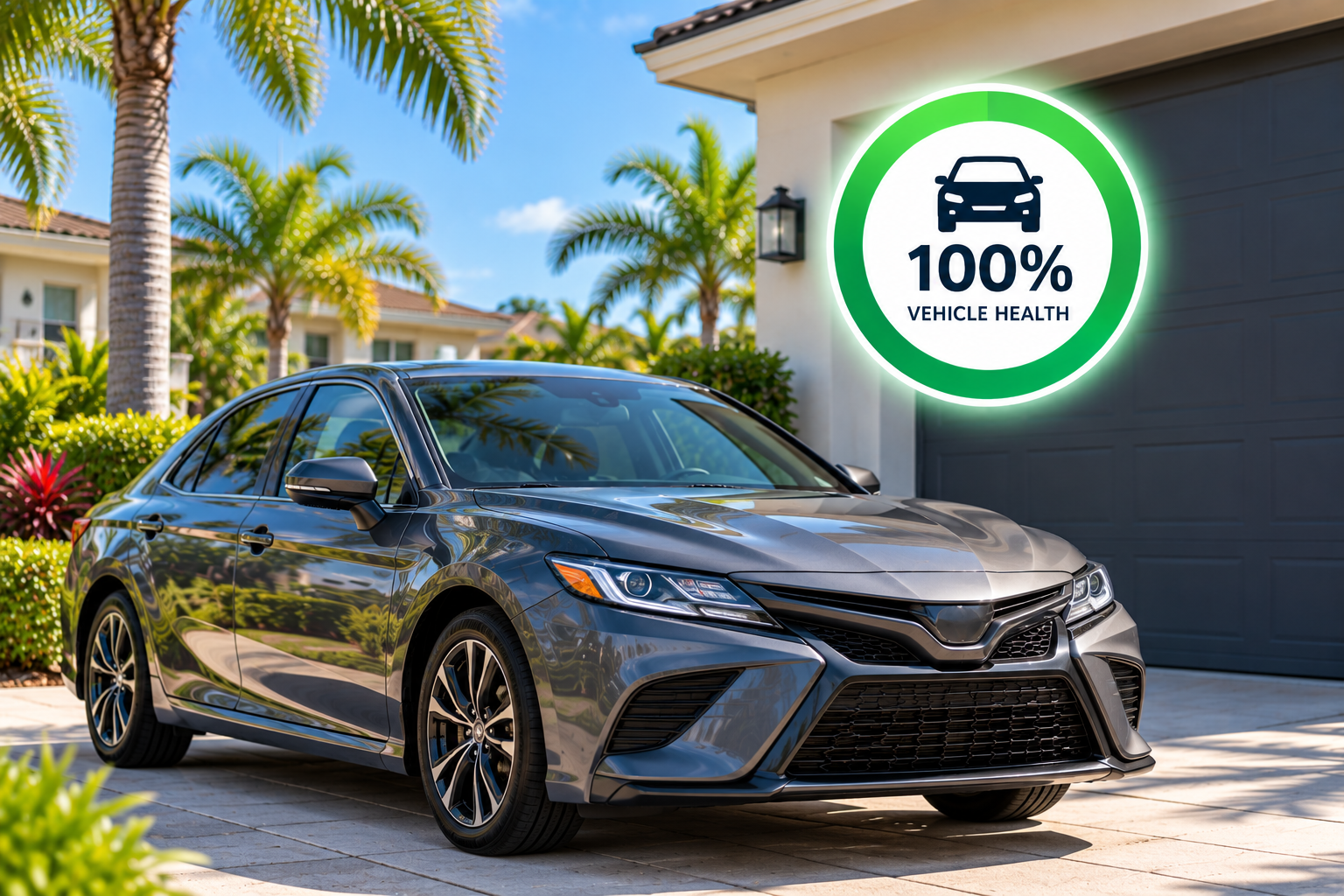 A gray sedan parked in a driveway in front of a house with palm trees in the background. A digital graphic overlay shows a green circle with a car icon and the text '100% VEHICLE HEALTH' inside.