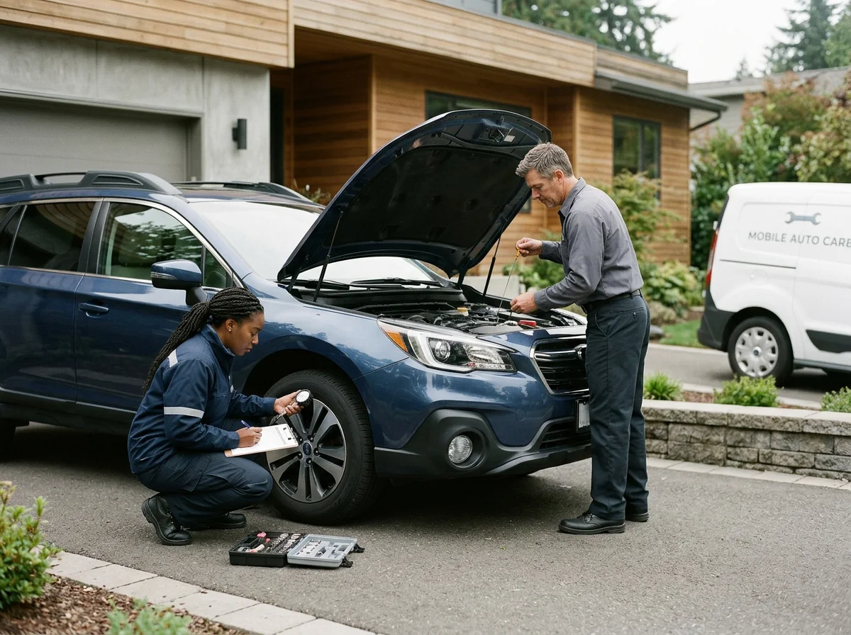 Technicians working on a blue car outside a modern house, with one technician examining the engine and the other inspecting the tire, while a white service van labeled "Mobile Auto Care" is parked nearby.