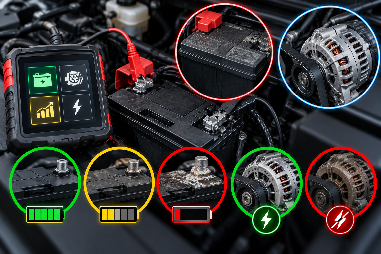 Car engine with highlighted parts: battery, alternator, and wiring, along with icons showing battery status, alternator, and energy levels.