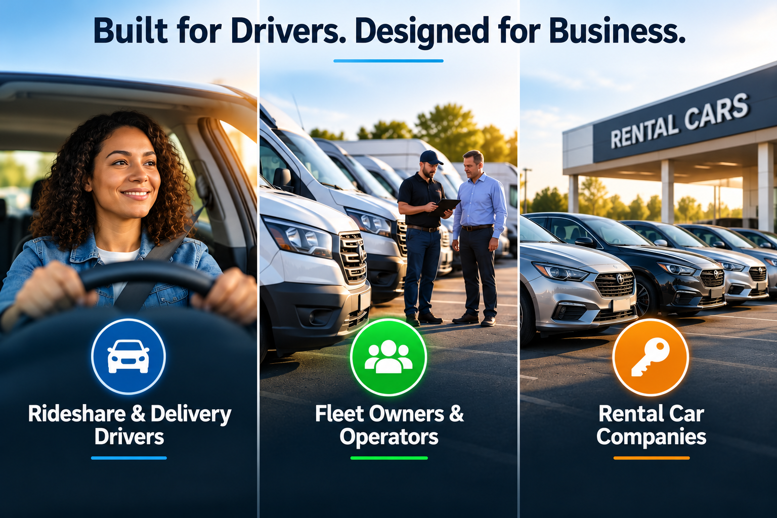A promotional graphic showing three categories for automobile-related services: on the left, a woman driving a car with the text 'Rideshare & Delivery Drivers' and an icon of a car; in the middle, two men discussing in front of fleet vehicles with the text 'Fleet Owners & Operators' and an icon of a group of people; on the right, a row of rental cars in front of a rental agency with the text 'Rental Car Companies' and an icon of a key.