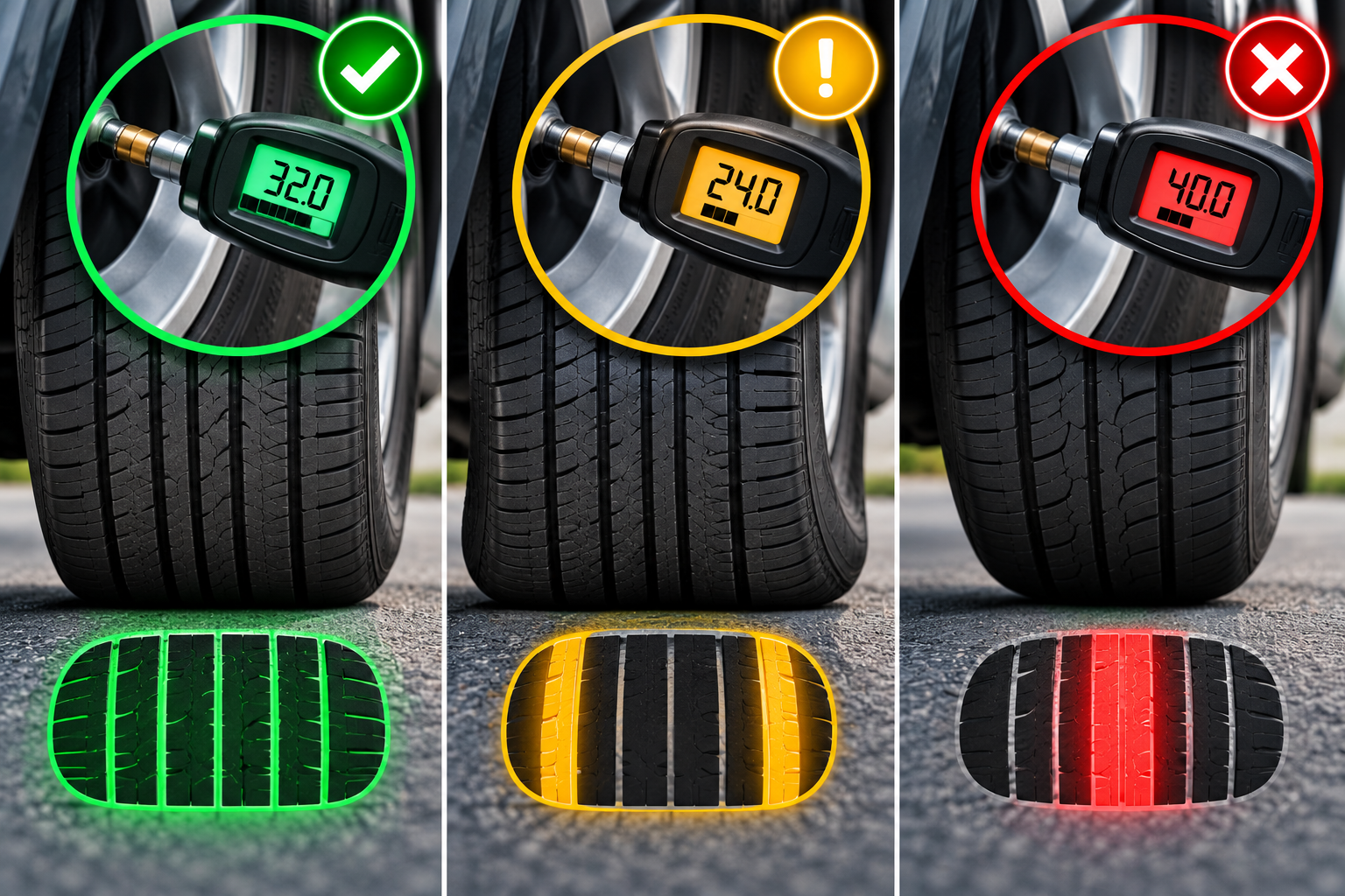 Three car tires with tread depth gauges. The first tire has a tread depth of 3.2 mm and a green check mark, indicating it's in good condition. The second tire shows 2.4 mm with a yellow exclamation mark, indicating caution. The third tire reads 4.0 mm with a red X, indicating it's unsafe for driving.