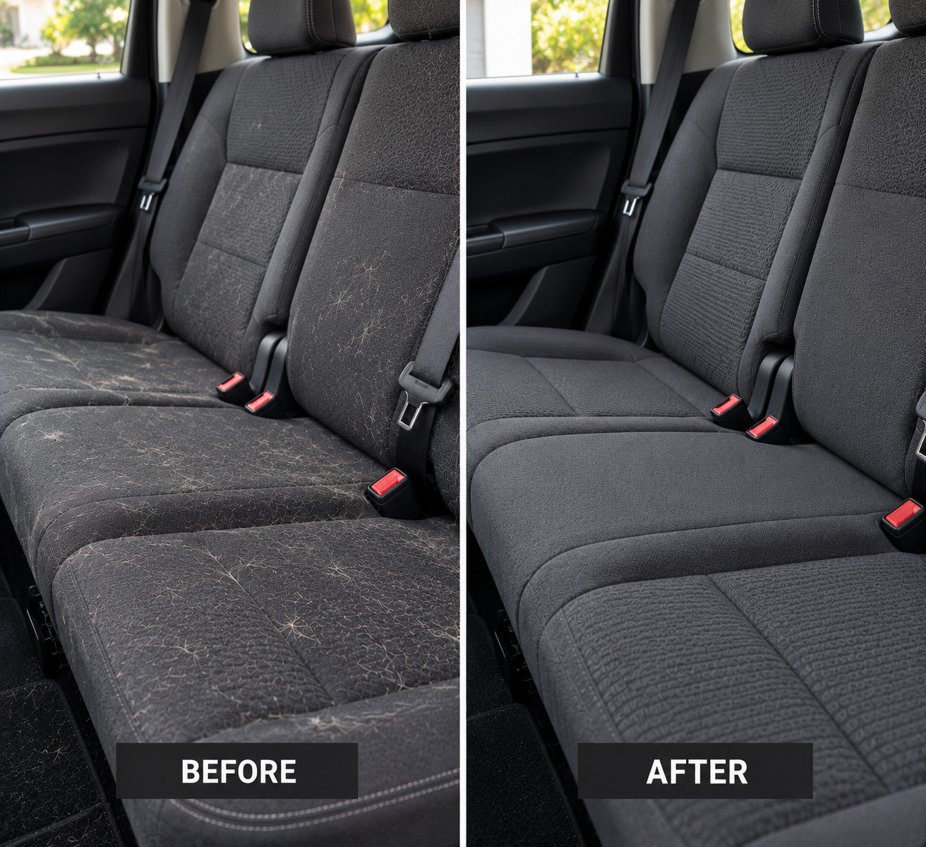Side-by-side comparison of a car's back seat before and after cleaning, showing the seat fabric cleaned from heavily stained to spotless.