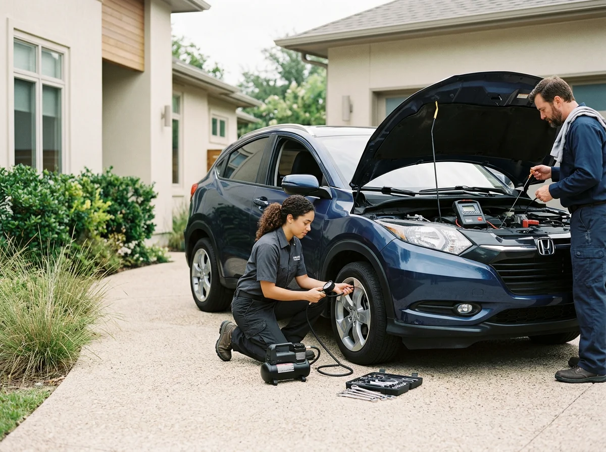 Two mechanics working on a blue Honda car parked outside a house with an open hood, one kneeling and connecting a device to the tire, the other standing and working on the engine.