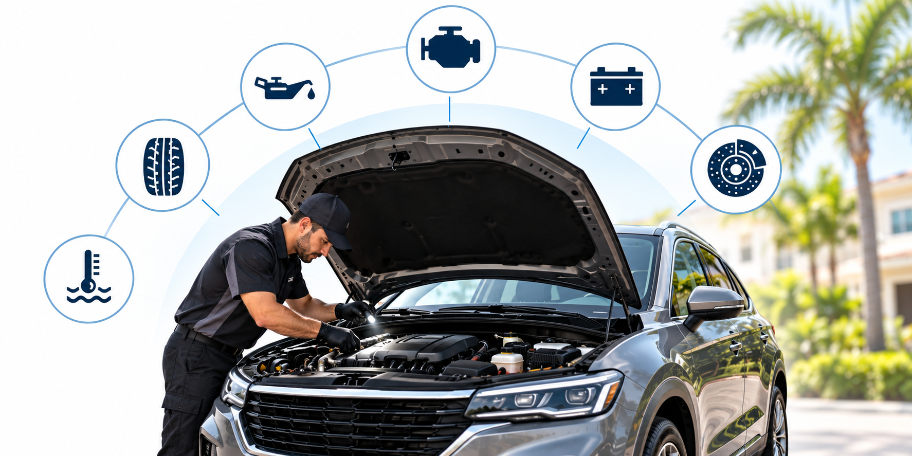 A mechanic inspecting a car engine with icons of car parts, including tire, oil, coolant, engine, battery, brake disc, and temperature gauge, overlayed on the image.