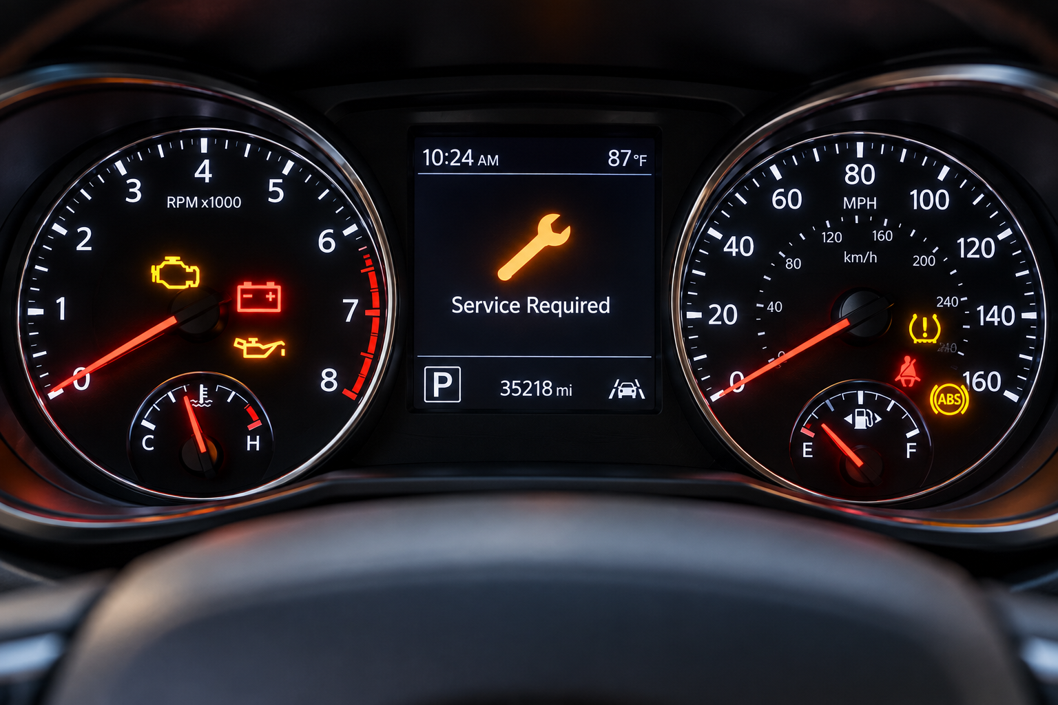 Car dashboard showing multiple warning lights including check engine, low oil pressure, tire pressure, seatbelt, ABS, and service required indicator, with a central display indicating 10:24 AM, 87°F, and 35218 miles driven.