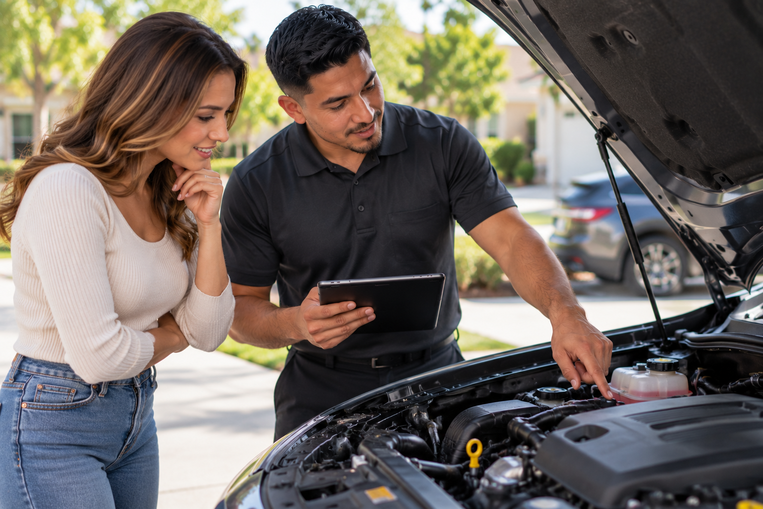 A man and woman inspecting a car engine outdoors, with the man holding a tablet and pointing at the engine.