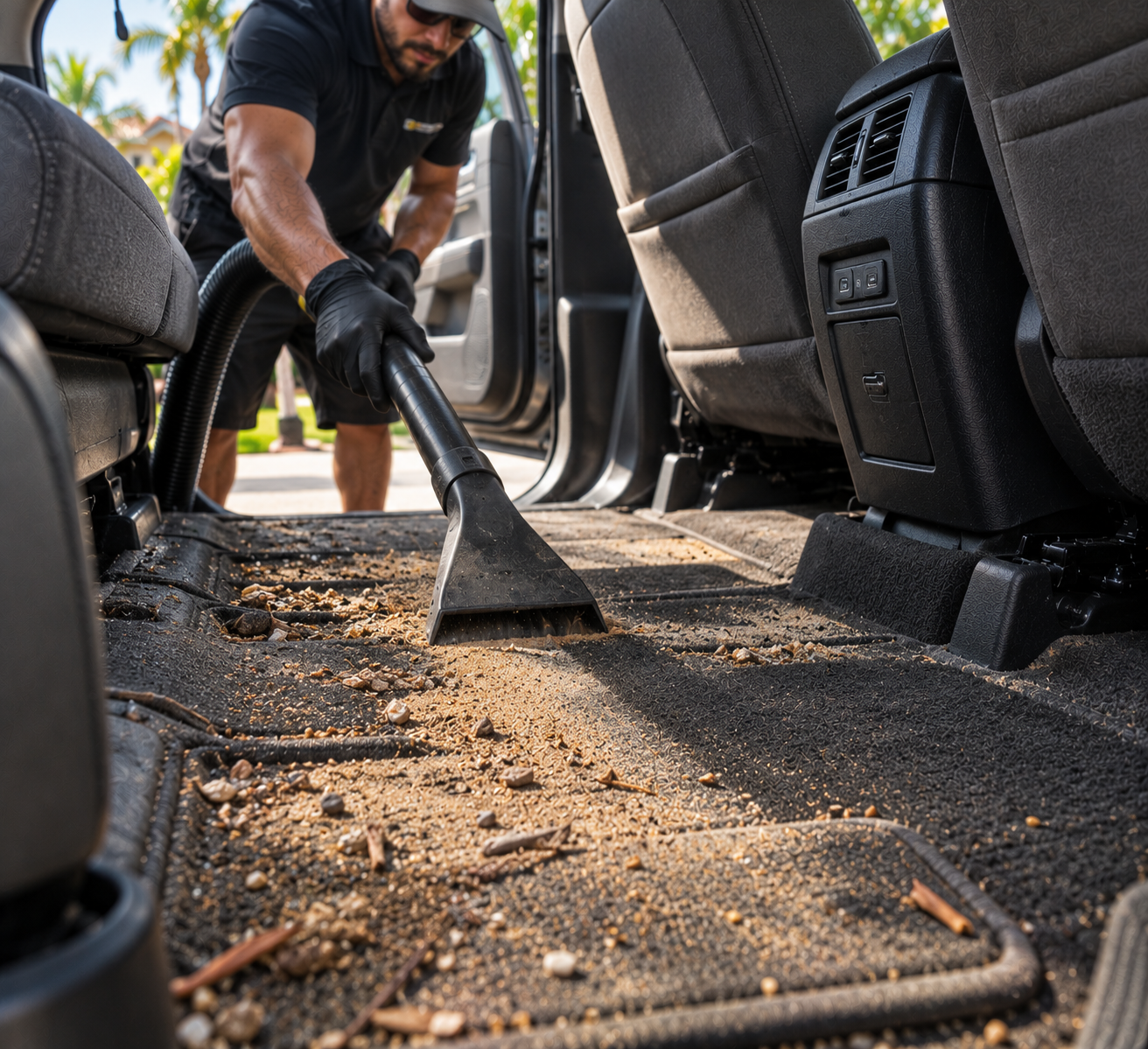 A man wearing black gloves vacuuming dirt and small debris from the backseat area of a vehicle with an attachment.