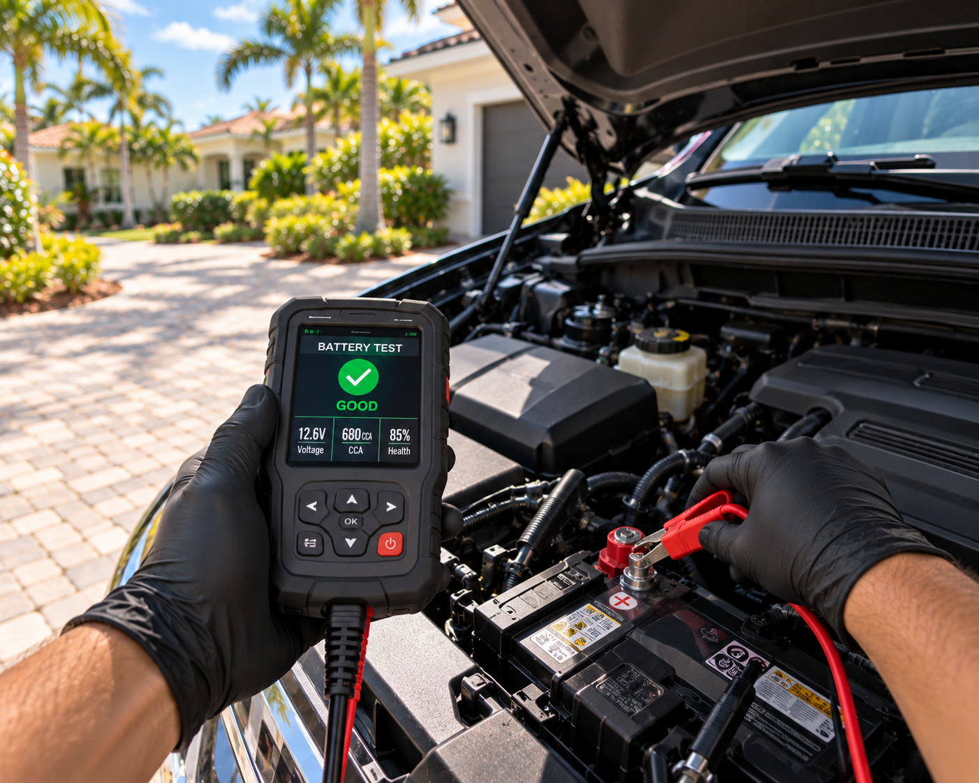 Person wearing black gloves testing car battery with a handheld device, showing green 'Good' status, under the hood of a car in a residential area with palm trees and houses in the background.