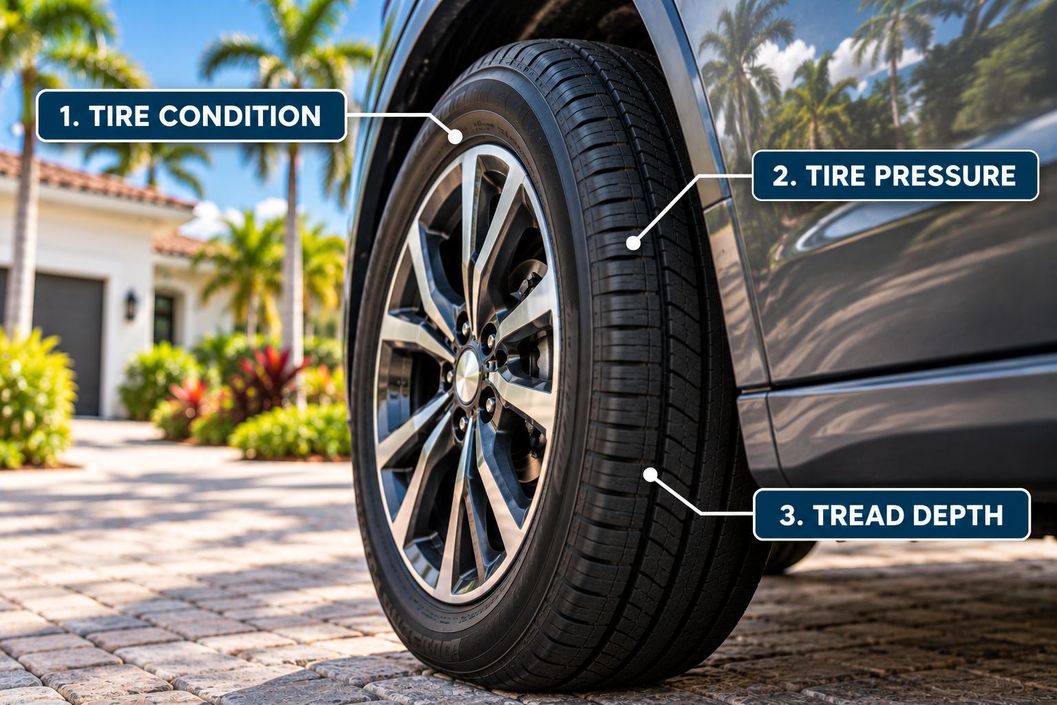 Close-up of a car tire with labels indicating tire condition, tire pressure, and tread depth, parked on a driveway near a house with palm trees.