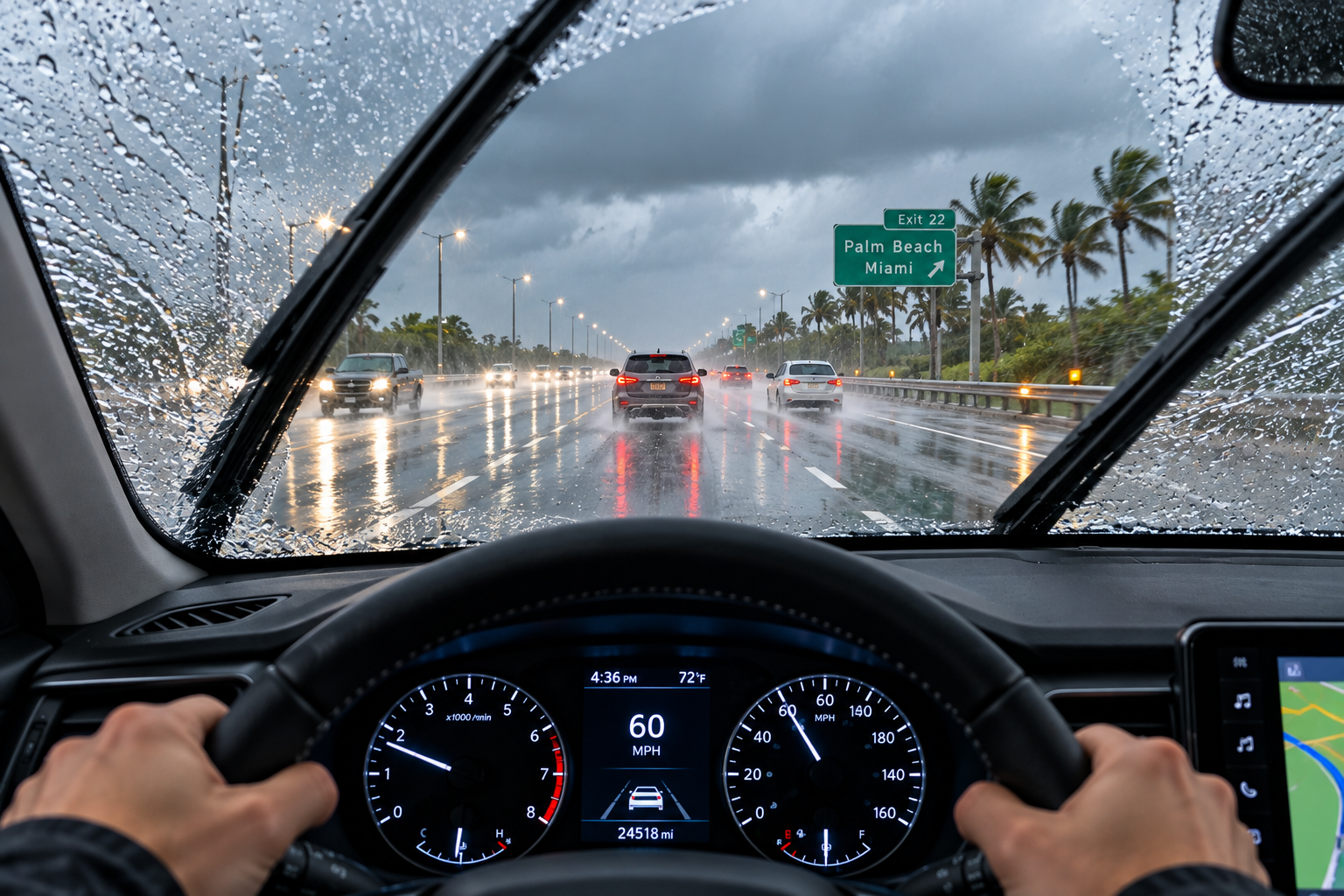 View from inside a car on a rainy highway, showing the dashboard and steering wheel. The road ahead has cars driving in rainy weather, with palm trees and highway signs indicating exit 22 for Palm Beach and Miami. The car's speed is 60 mph, and it is raining with overcast skies.