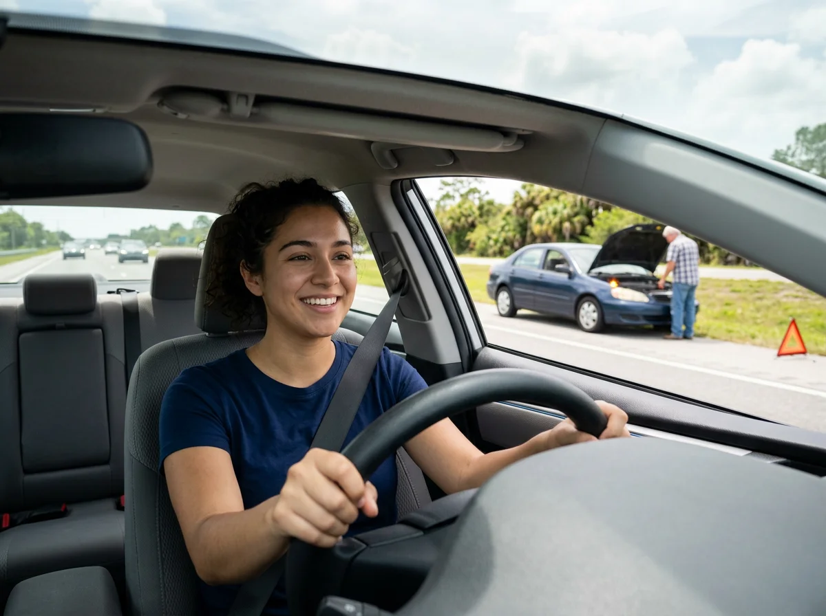 Young woman driving a car smiling on the road while an older man with a white beard stands beside a car with its hood open on the side of the highway.