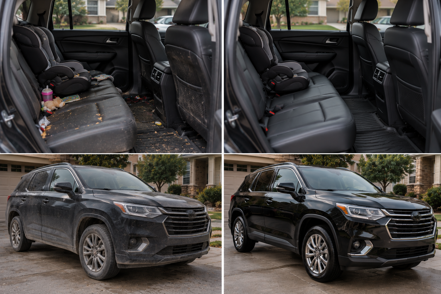 Comparison of a black SUV: before and after cleaning, the dirty, grime-covered exterior and interior are shown in the first image, and the spotless, shiny exterior and clean interior are shown in the second image.