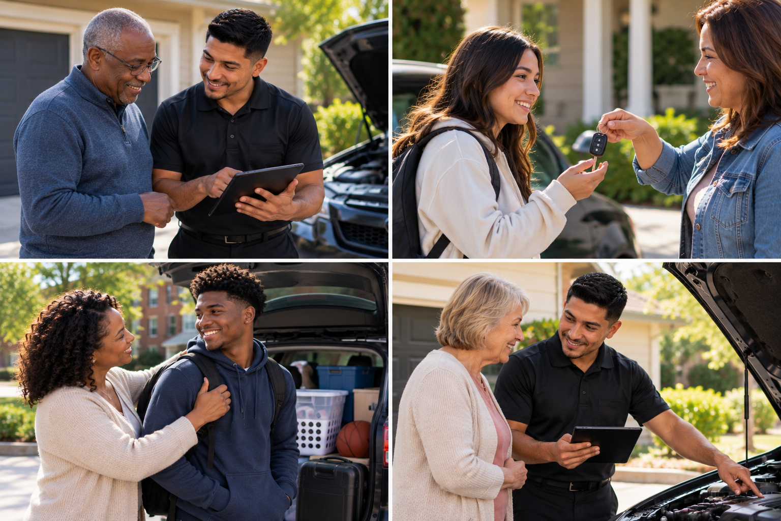 Collage of four photos showing a car repair and sale process. The top left photo has a mechanic showing a tablet to an older man with a bald head and glasses in front of a garage. The top right photo has a woman handing over car keys to a young woman with a backpack, standing outside with a car and house in the background. The bottom left photo shows a teenage boy with a backpack smiling and conversing with a woman near open trunk filled with sports equipment. The bottom right photo shows a mechanic explaining something with a tablet to an older woman with gray hair, standing beside an open car hood in a residential neighborhood.